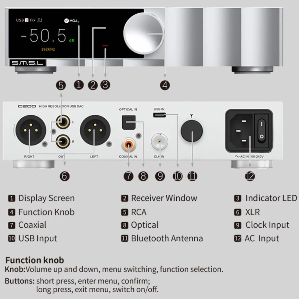 SMSL D200 - Decoder audio | USB/ottico/coassiale/ingresso Bluetooth | MQA/MQA - CD compatibile con chip ROHM BD34352EKV | Compatibile con amplificatori/amplificatori per cuffie/telefoni