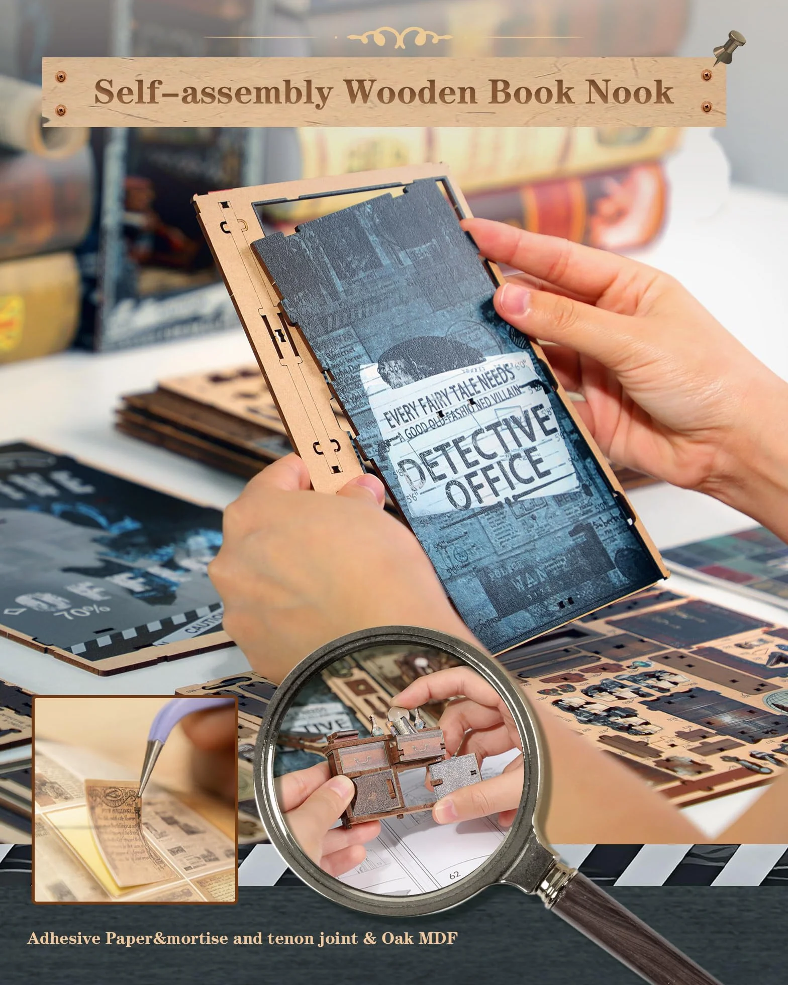 Quanquer Book Nook Kit_ con luce a LED, copertura antipolvere in miniatura, casa delle bambole in miniatura, libreria in legno 3D, puzzle in legno, detective office booknook(detective Office)