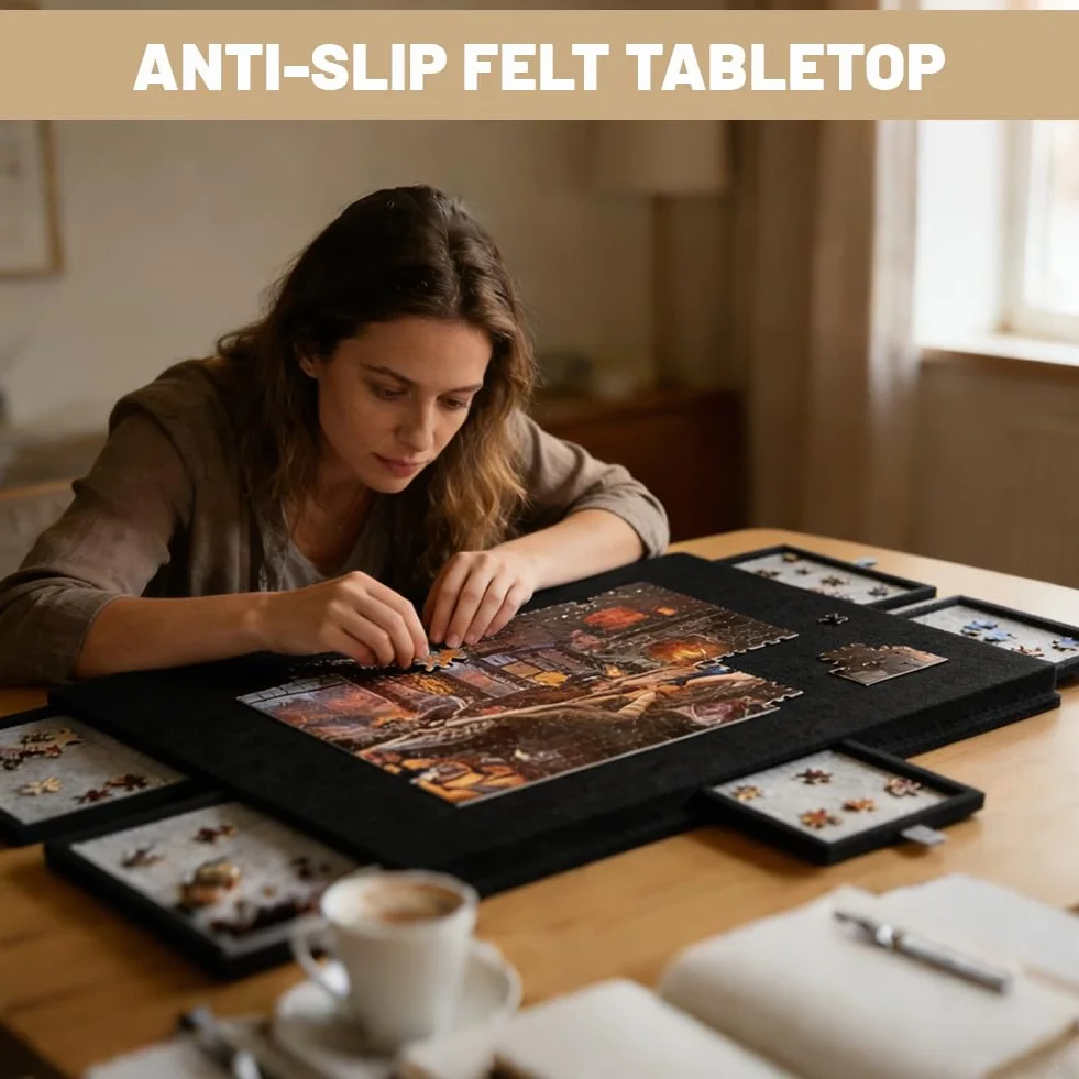 Tavolo puzzle 1000 pezzi, puzzle portatile con 6 cassetti, custodia leggera in feltro, contenitore portatile per 1000 pezzi, tavolo puzzle ribaltabile, per adulti e bambini (nero)