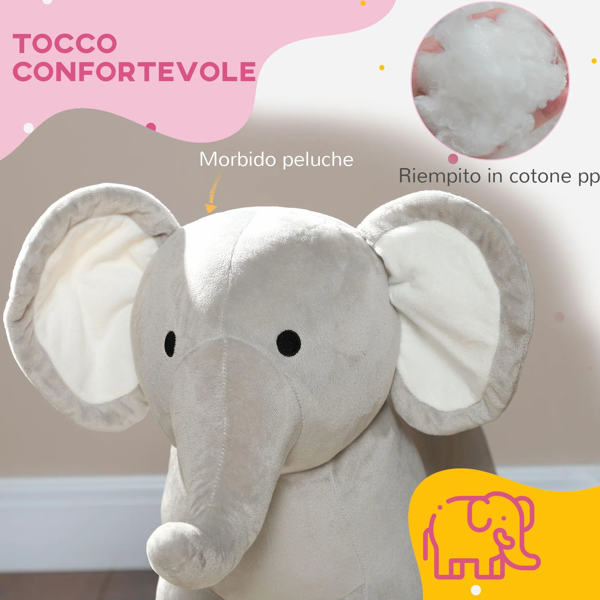 AIYAPLAY Cavallo a Dondolo per Bambini a Forma di Elefante, Cavalluccio a Dondolo Cavalcabile in Legno e Peluche con Base e Suoni Realistici, 2-4 Anni, 64.5x31x52 cm, Grigio