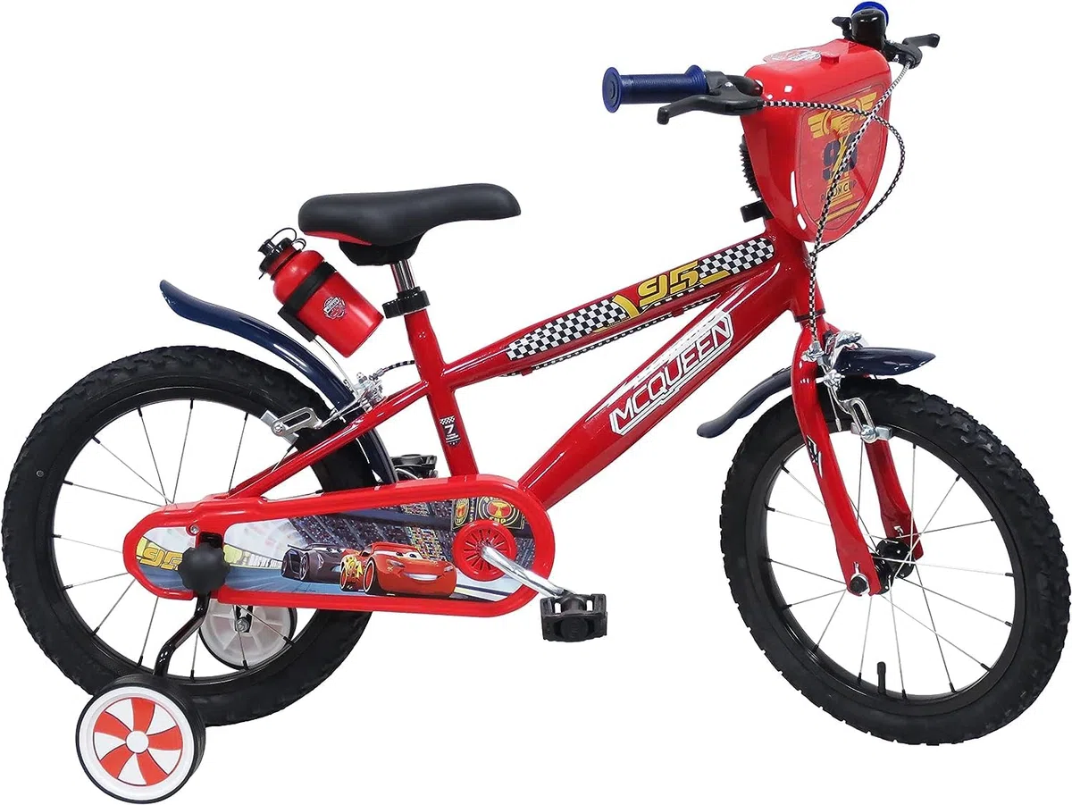 bicicletta da bambino con scudo anteriore, borraccia e stabilizzatori laterali di cars misura 14 pollici