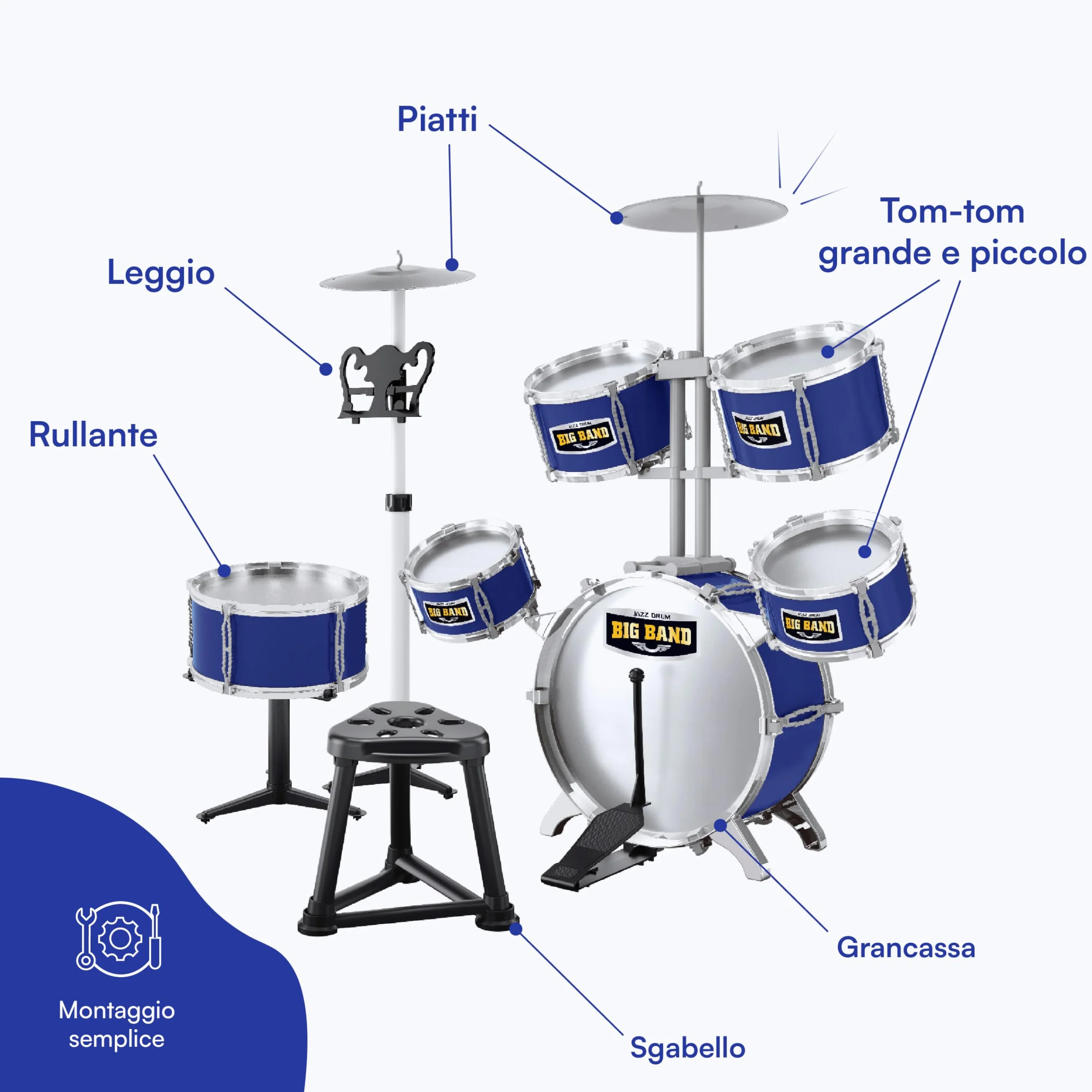 Set Batteria per Bambini Baroni Toys, Batteria Giocattolo Completa 8 Pezzi con Sgabello, Tamburi e Piatti, Gioco Musicale Educativo, +3 Anni, Blu, 72x43x83cm
