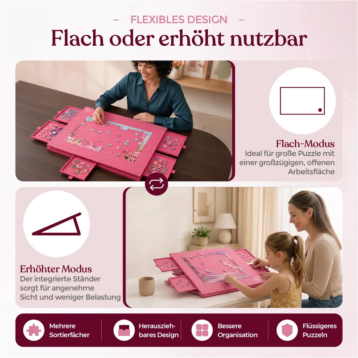 Tavola per puzzle fino a 1500 pezzi, NUOVO con piastre rinforzate da 0,88 cm, inclinabile, pieghevole, leggero, tavolo per puzzle portatile in feltro, 6 cassetti di smistamento, contenitore pieghevole