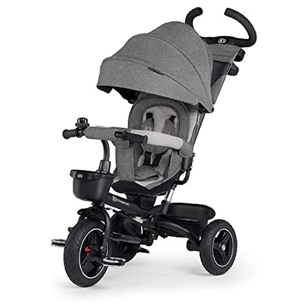 Kinderkraft SPINSTEP Triciclo bambini dai 9 Mesi con Maniglione, Cappottina impermeabile con filtro UPF50+, Pieghevole, Seduta girevole a 360 gradi, Grigio