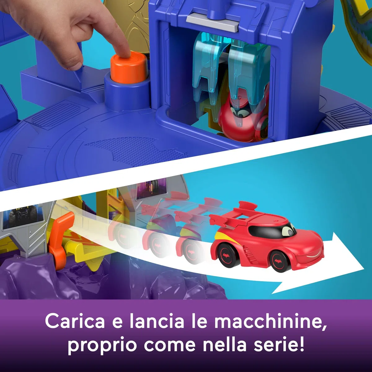 Fisher-Price DC Batwheels - Batcaverna Lancia e Sfreccia, playset pista ispirato alla Batcaverna con 3 piani di gioco, luci e suoni, include 2 macchinine, giocattolo per bambini, 3+ anni, HYR74
