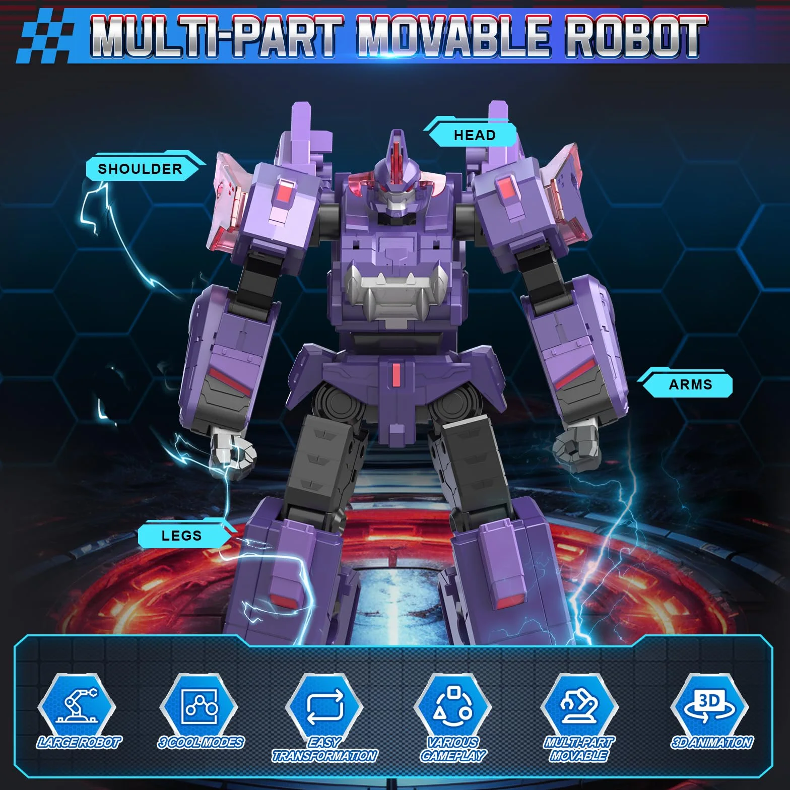 QUANTUM HEROES DINOSTER Robot trasformabile 3 in 1 Mosa Storm, 8,66 pollici, giocattoli robot per bambini, carri e robot trasformatori per bambini e bambine di 5 6 7 8 9 10 anni, viola