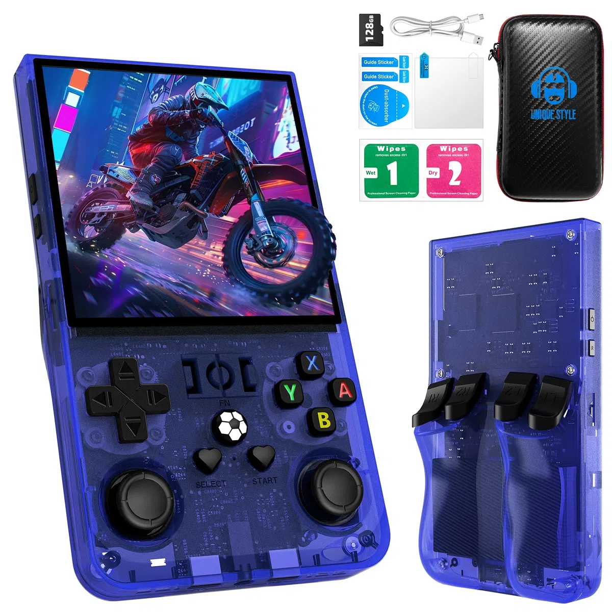 R36MAX - Console da gioco retrò palmare, open source-Linux, scheda TF da 128 GB, oltre 22.000 giochi, IPS HD da 4,0 pollici, batteria 4000 mAh (blu 128 GB)