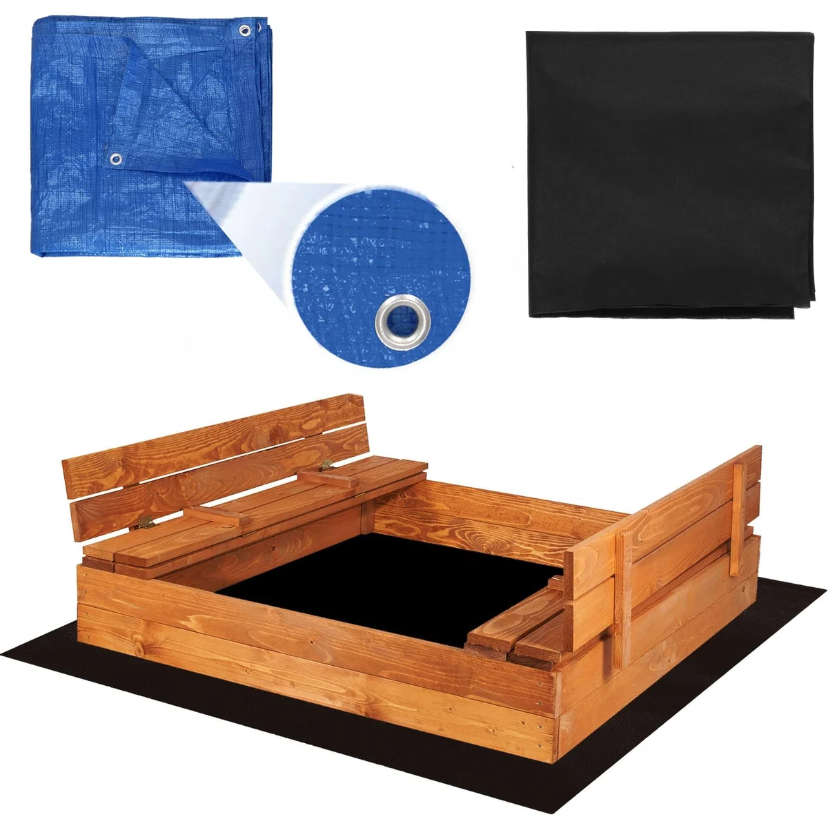 Springos Sabbiera in legno 120 x 120 cm, impregnazione ecologica a base d'acqua, bordi arrotondati, inclusi geotessile e telone, tavole stabili da 18 – 20 mm, montaggio fai da te, prodotta in Polonia