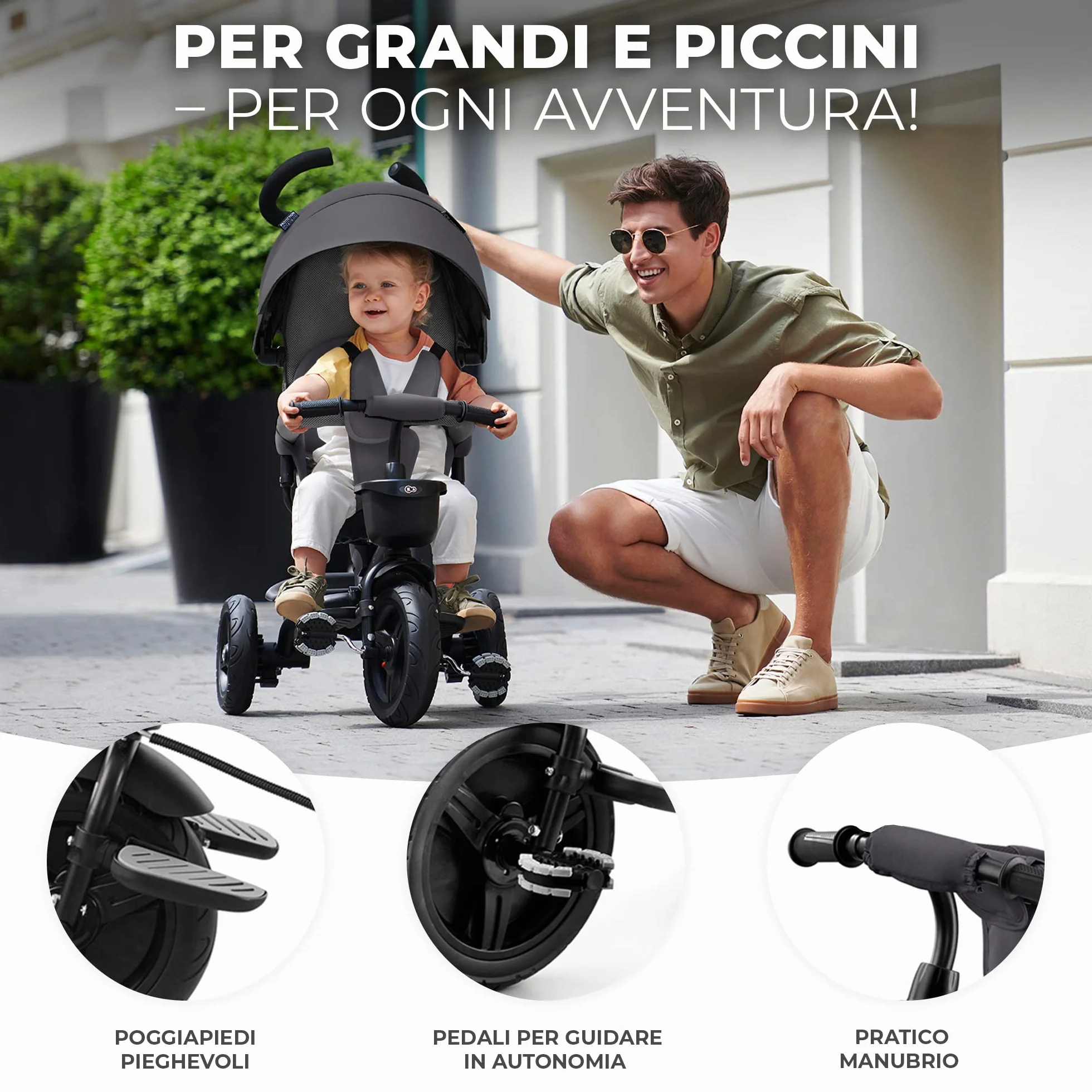 Kinderkraft AVEO Triciclo bambini dai 9 Mesi fino 25 kg, Passeggino con Maniglione del Genitore regolabile, Bici, Compatto pieghevole, Sedile girevole Fronte Mamma e Strada, Ruota libera, Grigio