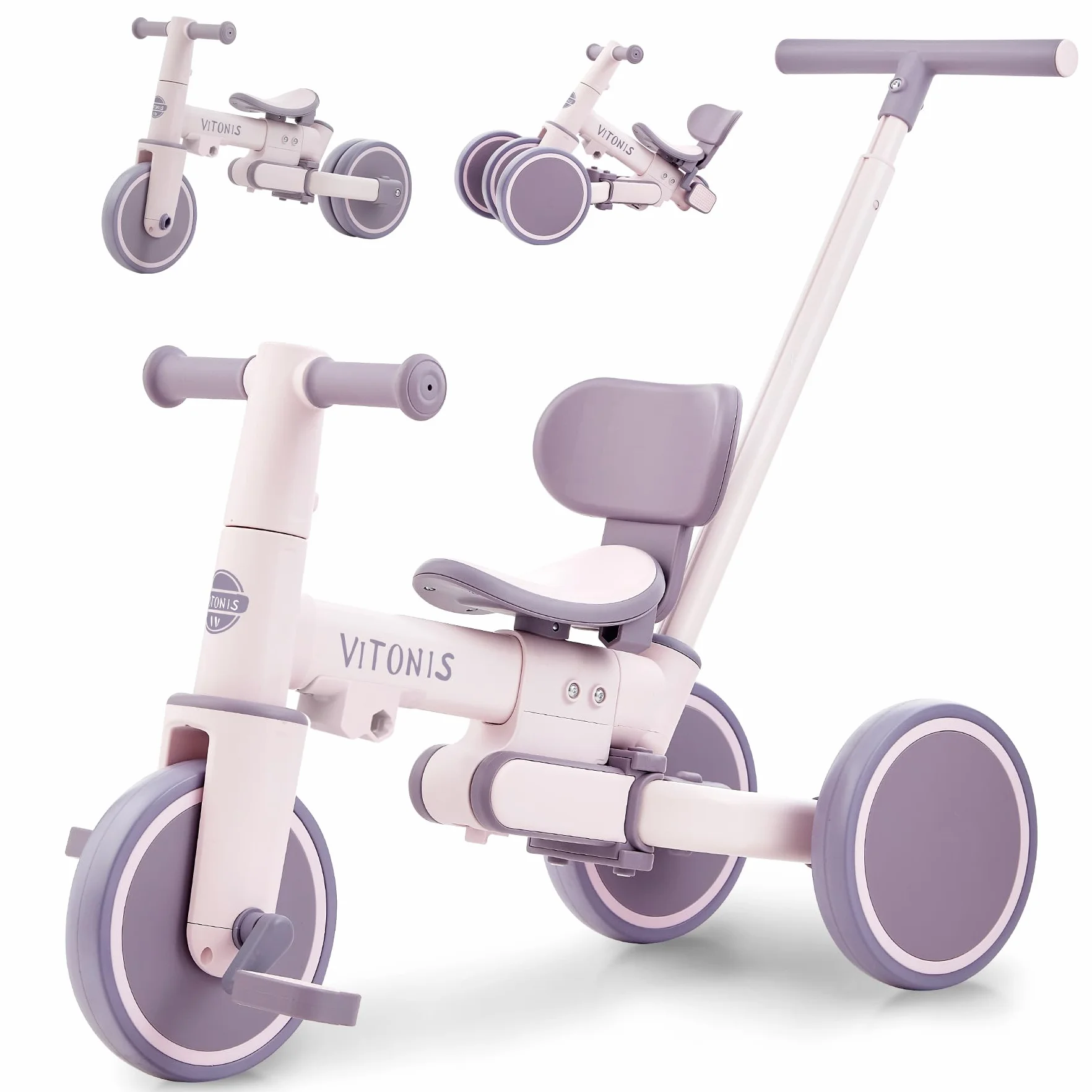 VITONIS bicicletta senza pedali da 1 anno, triciclo 5 in 1 con barra di spinta per bambini, girello per bambini da 1 a 3 anni Regali e giocattoli (viola)