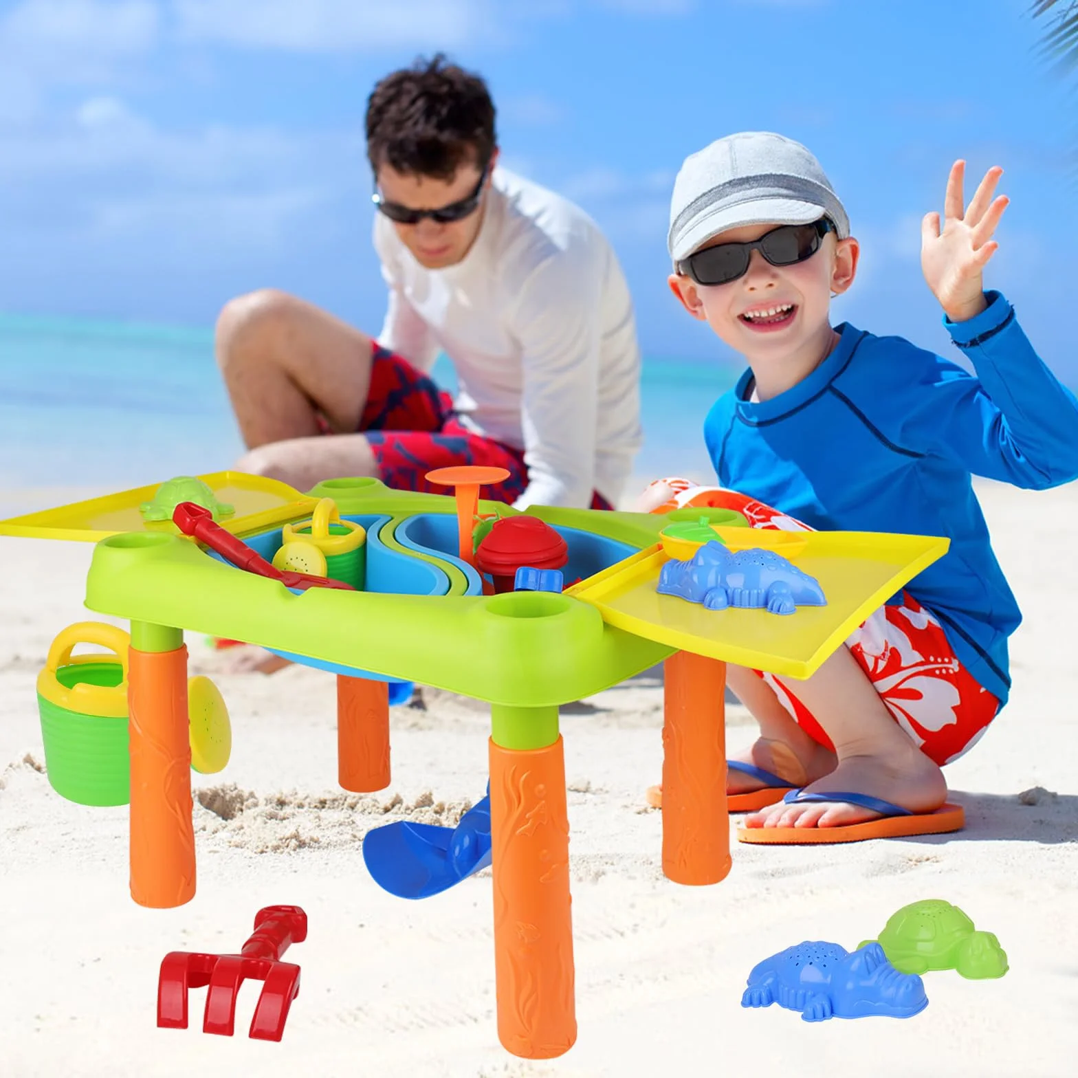 deAO Tavolo da Sabbia e Acqua per Bambini, Giochi da Sabbiera Esterno e Giardino con accessori, Sicurezza e Creatività, Ideale per Spiaggia e Cas