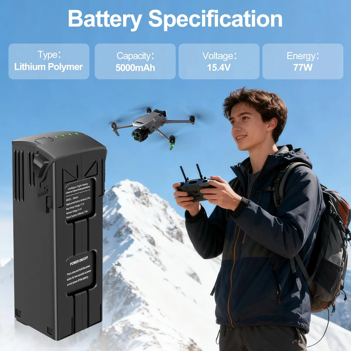 Intelligent Flight Mavic 3 - Batteria ricaricabile da 5000 mAh, tempo di volo massimo 46 minuti, compatibile con drone Mavic serie 3, confezione da 2