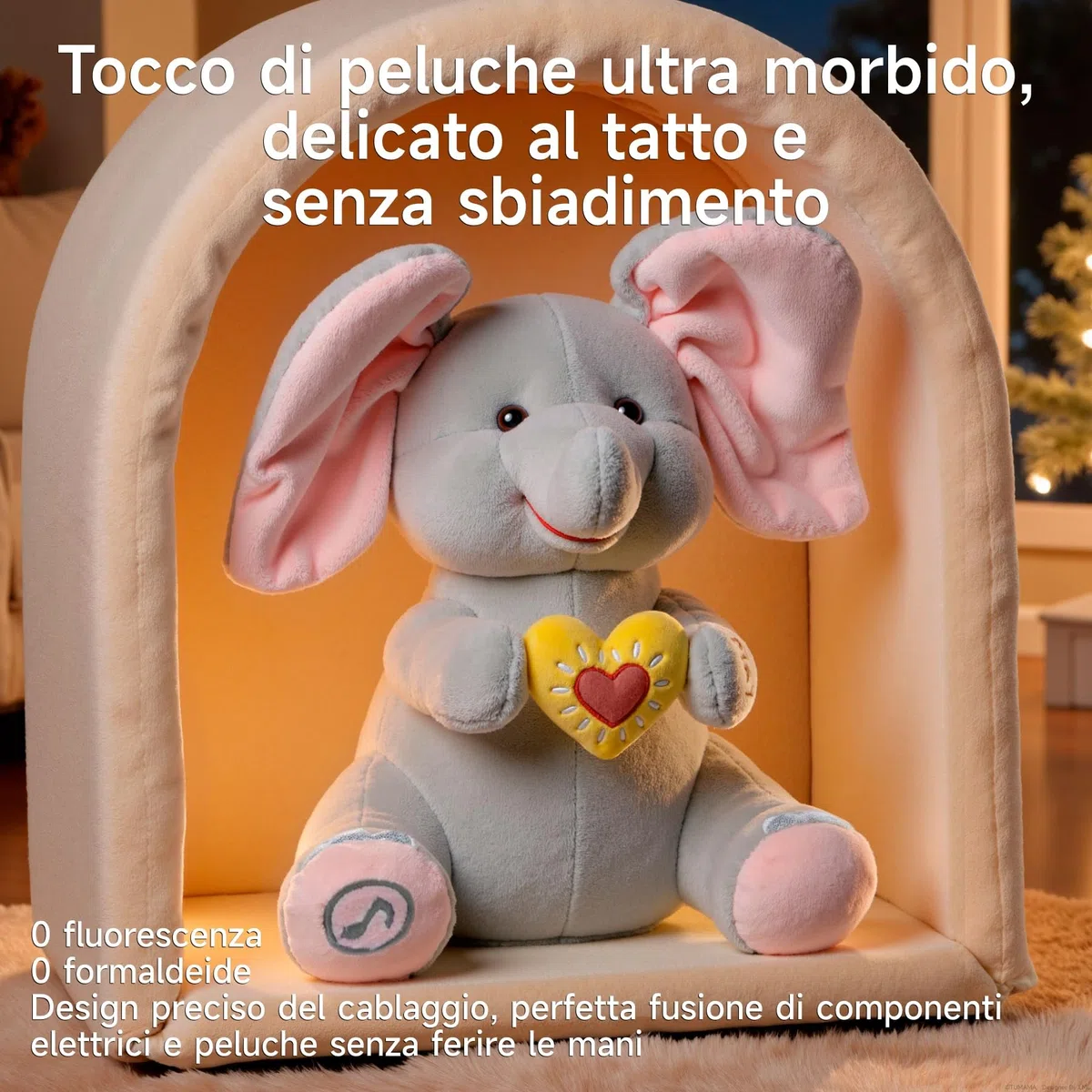 Elefante di Peluche Elettrico Animato con Orecchie Mobili e Musica, Regalo per Bambini