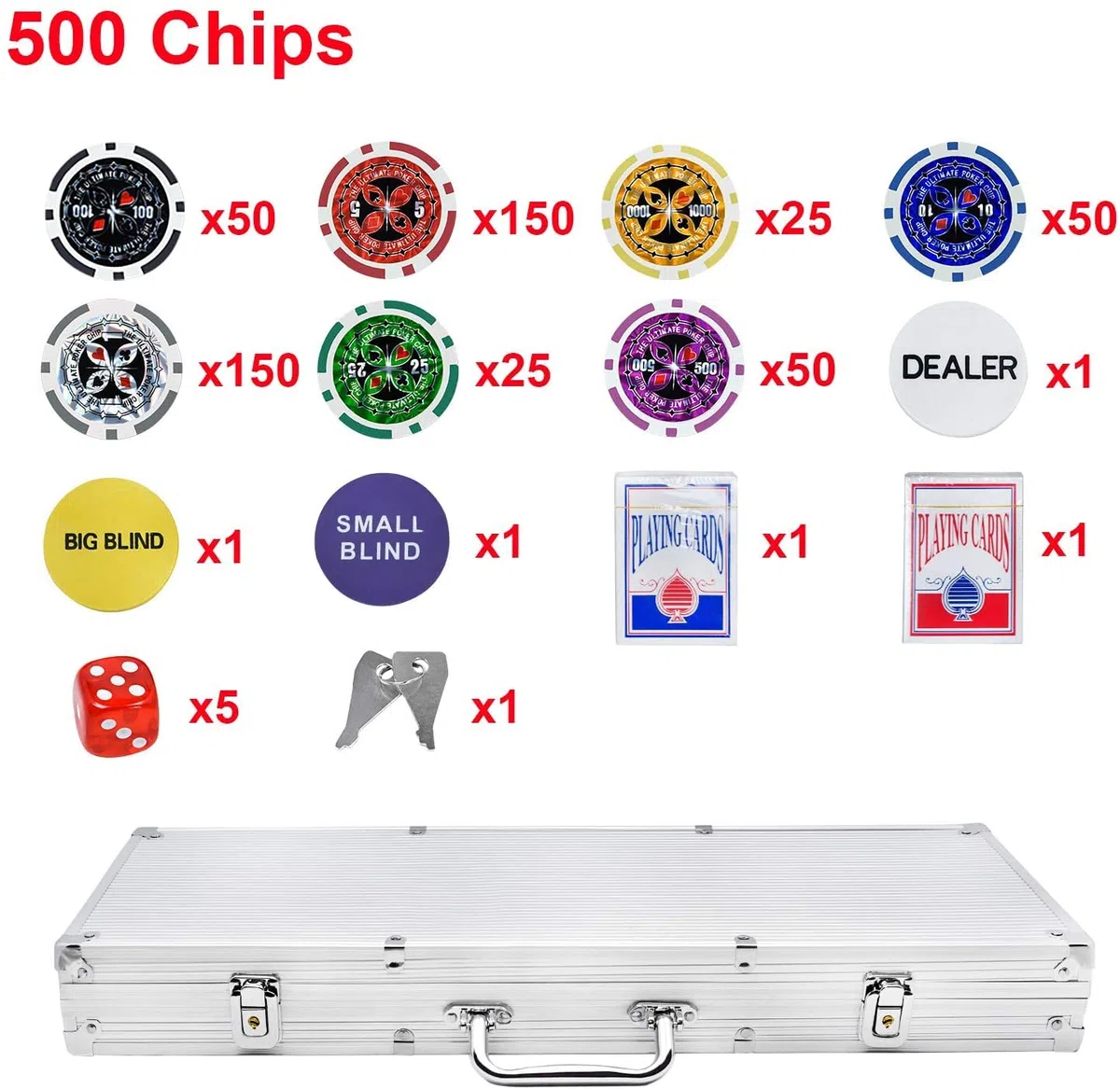 LARS360 Valigetta da poker con 500 fiches laser 11,5g richiudibile a chiave nero 55,5x20,5x6,4 cm