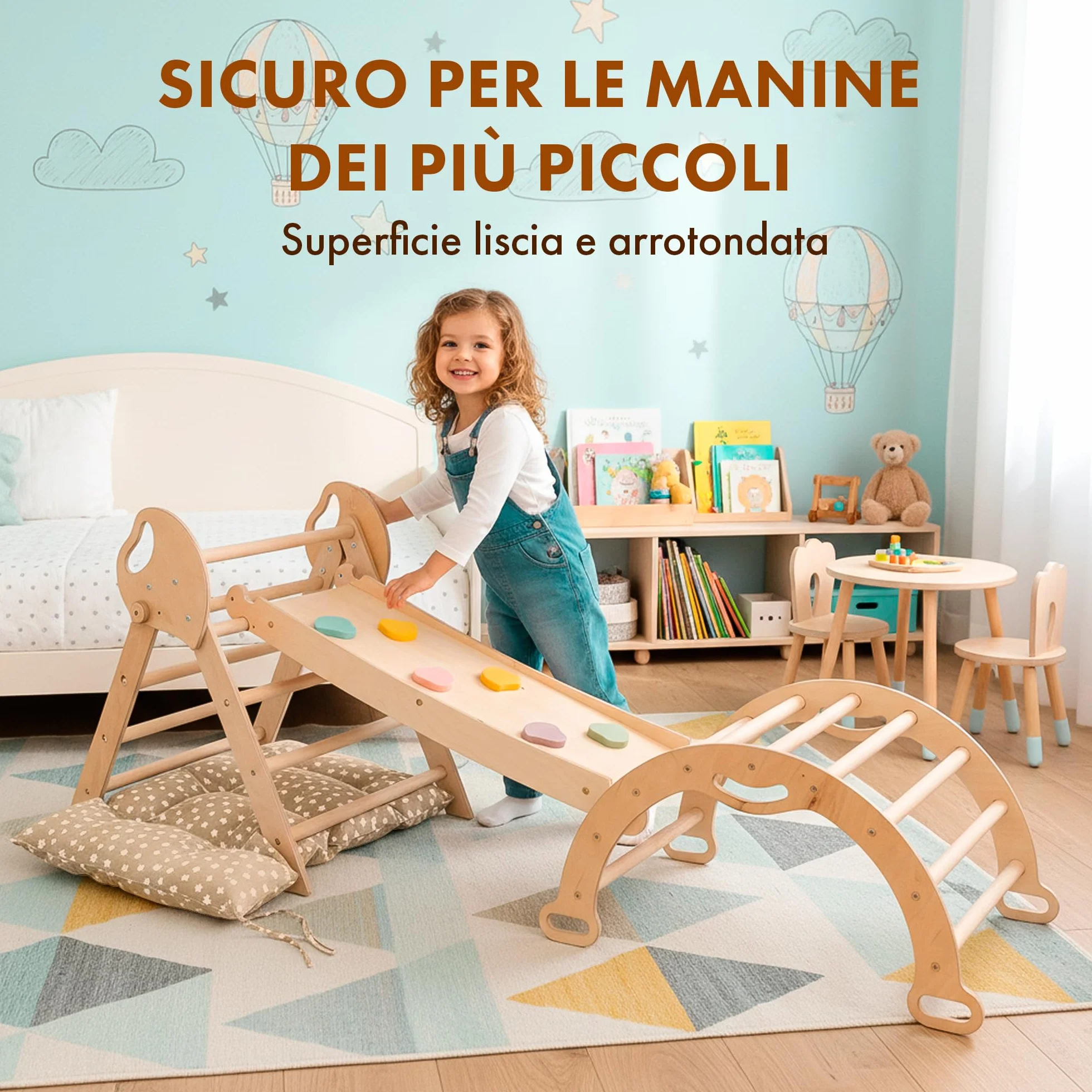 Goodevas 5-in-1 Telaio da Arrampicata per Bambini - Scala a Triangolo, Arco per Arrampicata, Balance Board e Cuscino, Telaio da Arrampicata Montessori, Palestra in Legno per Bambini da 1 a 3 Anni
