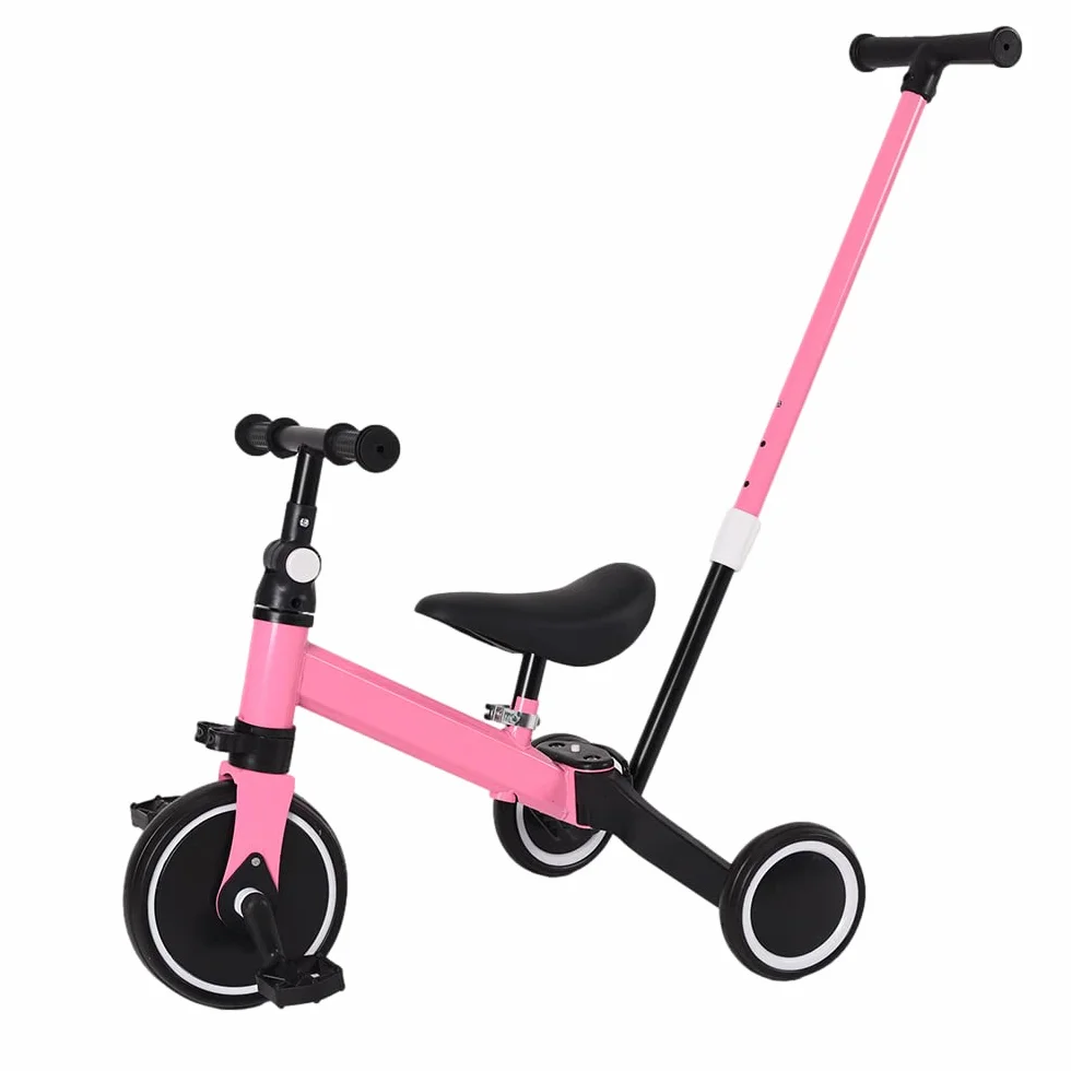 bicicletta per bambini con frizione,Triciclo 3 in 1 con manico scorrevole per bambini da 1 a 3 anni, ruota pieghevole, ruote più grandi, pedali rimovibili, 3 in 1 (rosa)