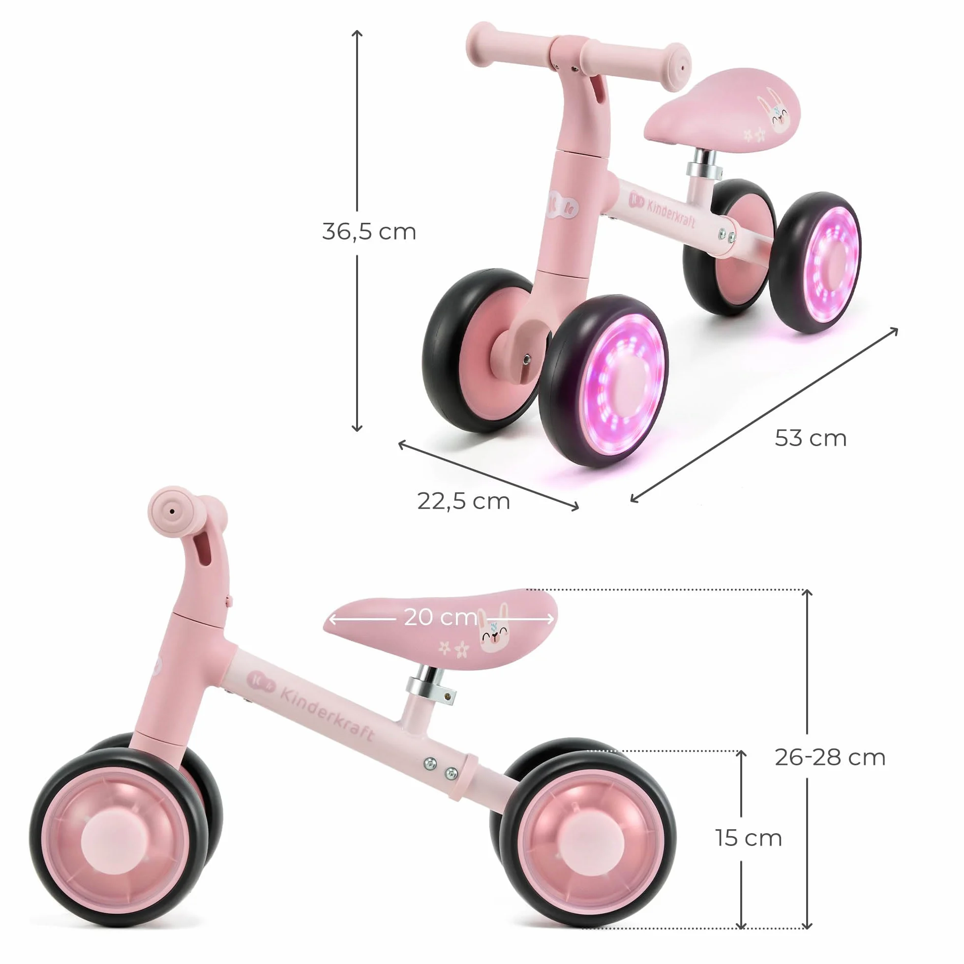 Kinderkraft CUTIE FLASH, bicicletta educativa per bambini, senza pedali, ruote con luci a LED, design moderno, costruzione sicura, per bambini a partire da 1 anno, Rosa