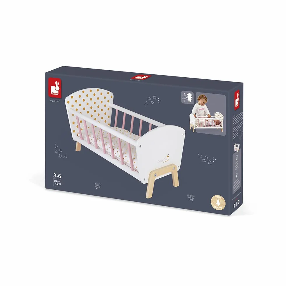 Janod Lettino da Bambola in Legno con Materasso Copertina Cuscino Colori Delicati Riflessi Scintillanti