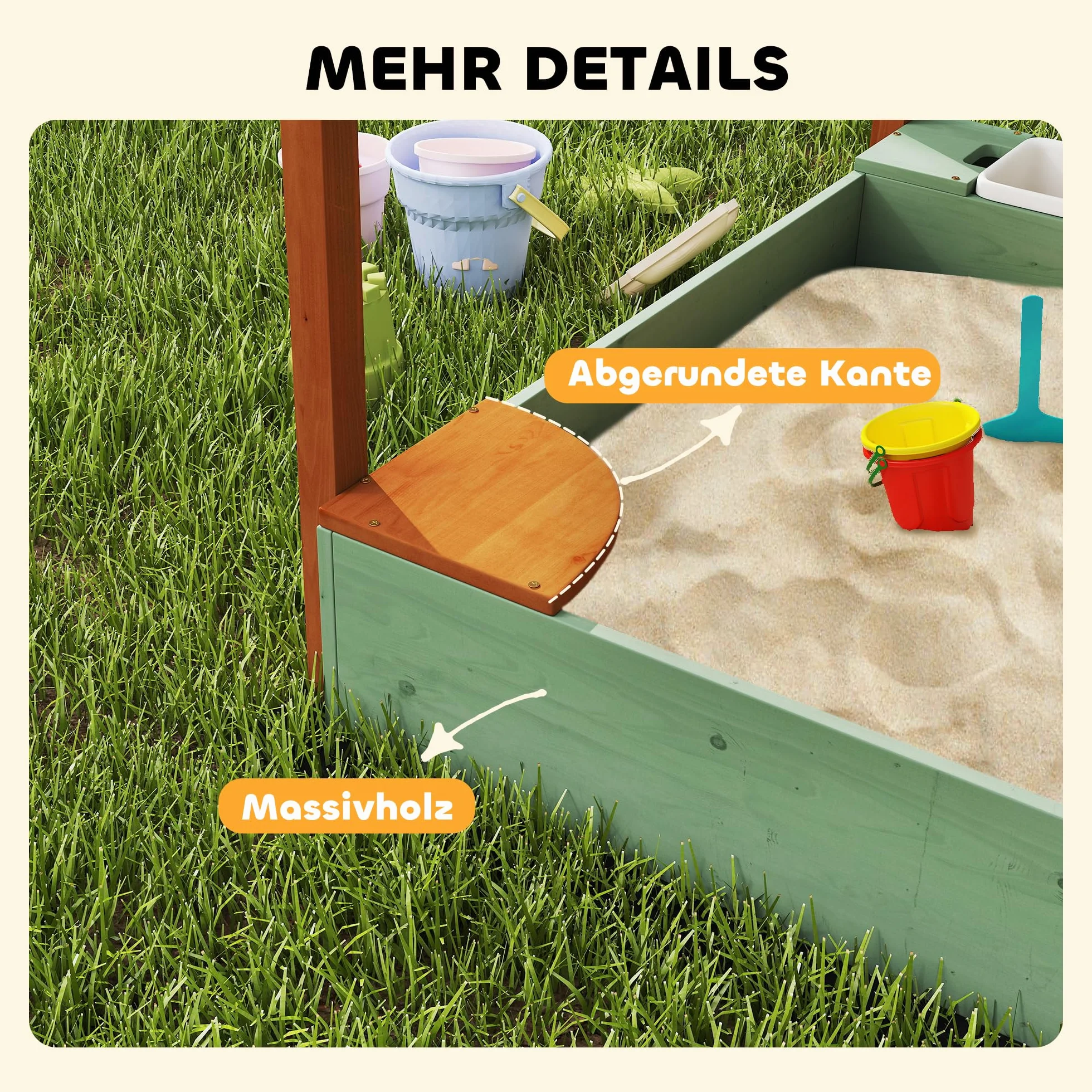 AIYAPLAY Sabbiera con tetto, 116 x 112,5 cm sabbiera in legno Sabbiera con sedile, 2 contenitori, sabbia e giochi d'acqua, secchio con rubinetto per bambini da 3 a 6 anni Verde