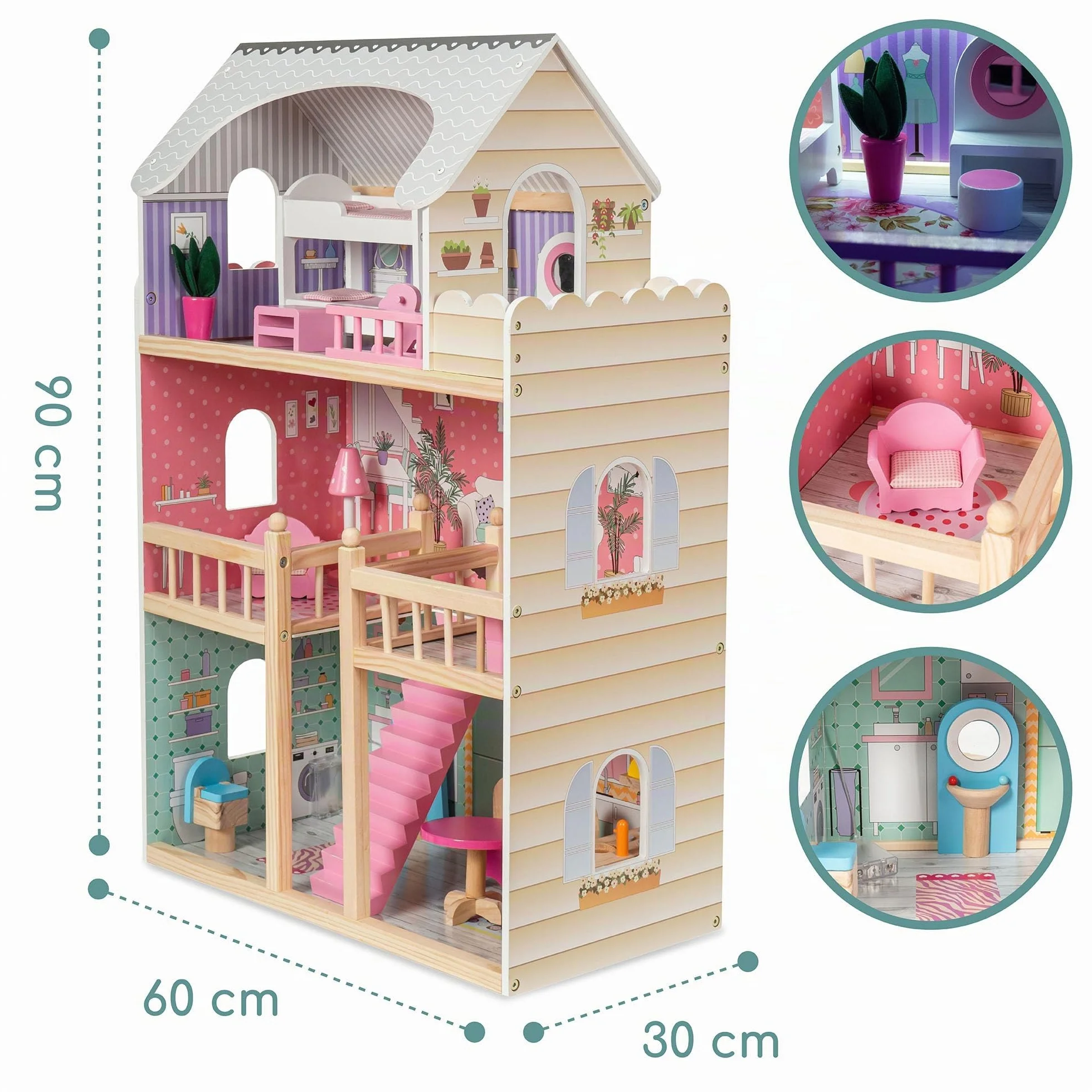 mamabrum Casa delle Bambole in Legno XXL – 3 Piani con LED e Mobili Inclusi – Casa Bambole 90x60x30 cm – Design Pastello Sicuro ed Educativo – Giocattolo per Bambine dai 3 Anni