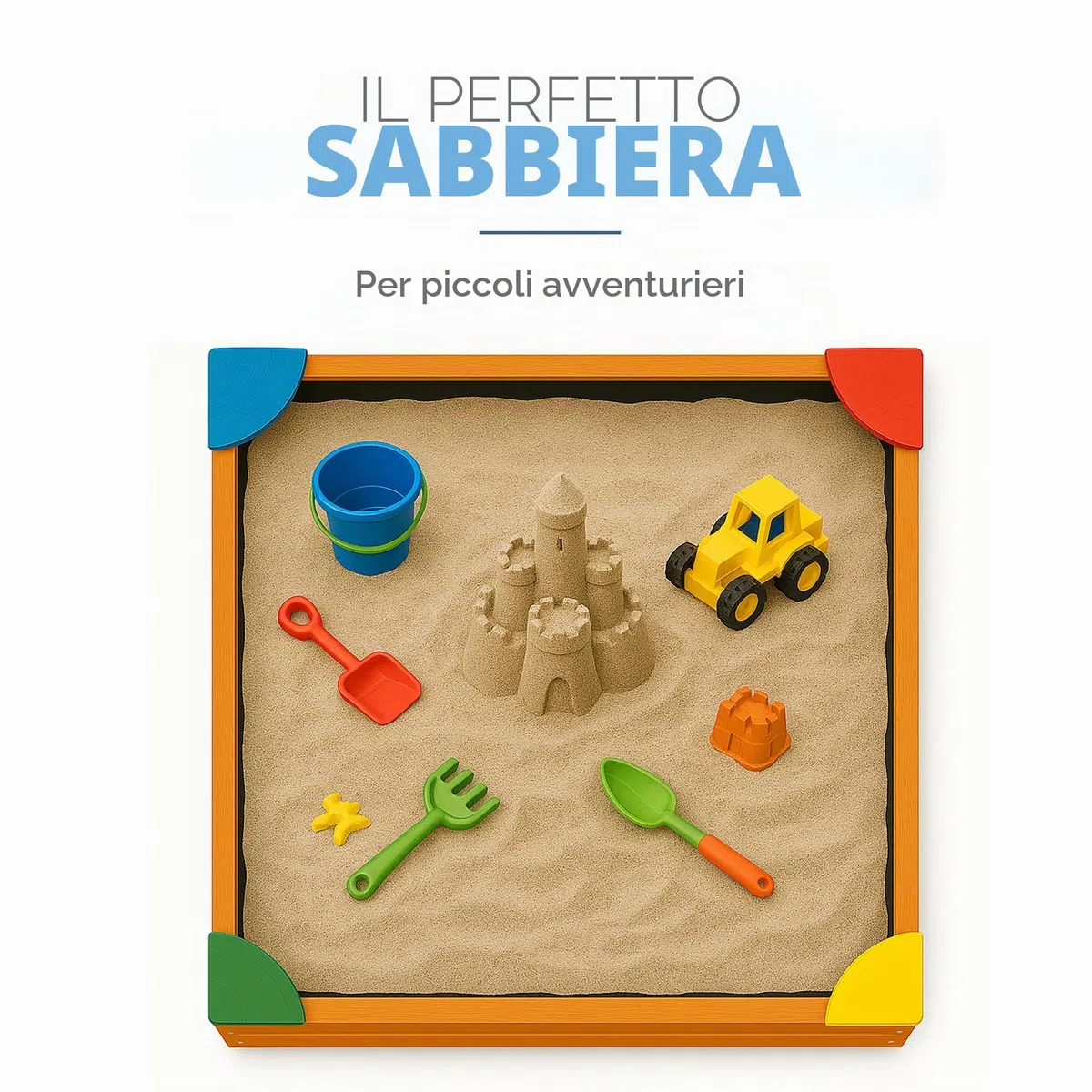 Bestlivings Sabbiera con copertura 90 x 90 x 16 cm, sandbox in legno con telone contro erbacce e coleotteri, cassetta con angoli colorati per il giardino