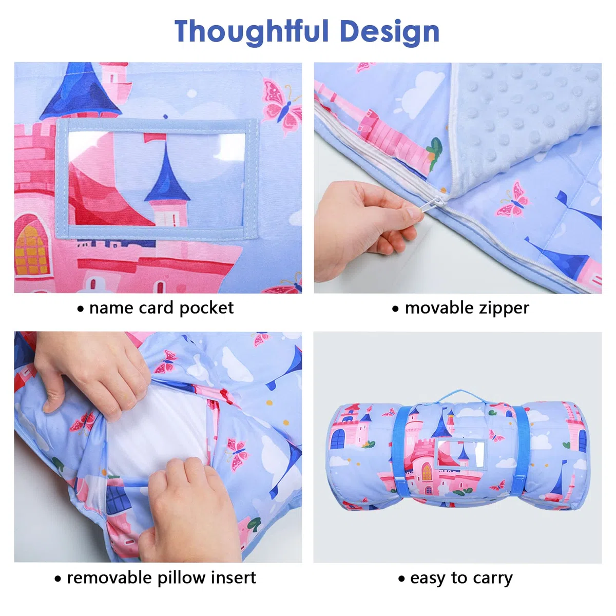 Nap Mat per Bambini con Cuscino e Coperta Rimovibili, Grande Extra Spesso 2 in 1 Sacco a Pelo Pieghevole per Ragazze Ragazzi, Nap Mats per Asilo Nido e Campeggio (Castello Blu)