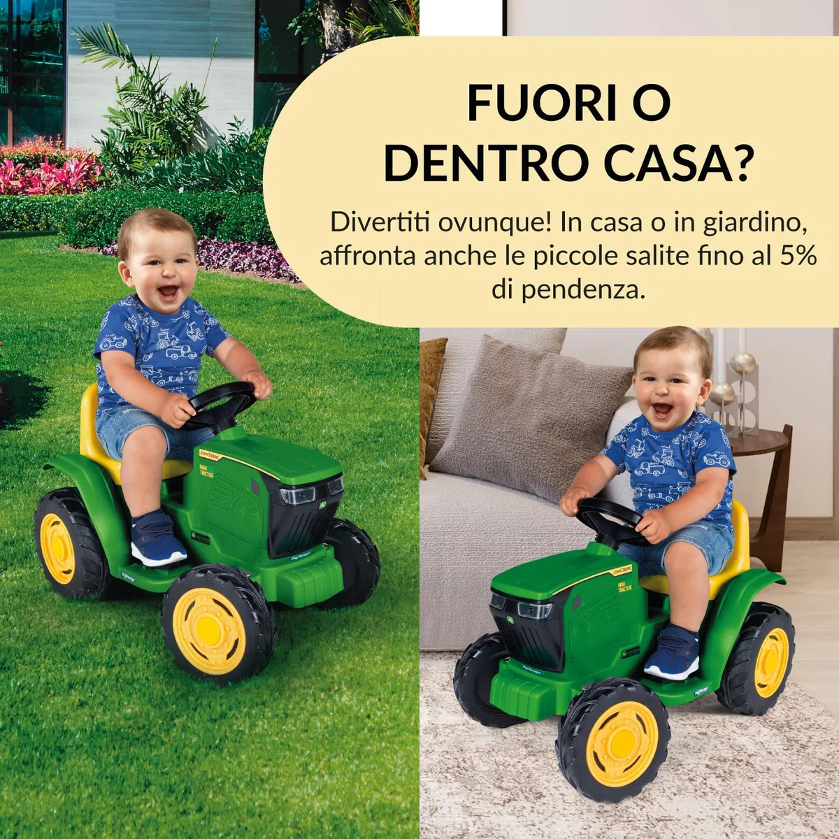 PEG John Deere Mini Tractor Trattore Elettrico Cavalcabile 6V per Bambini da 1 Anno con Batteria Ricaricabile, Luci LED, Clacson, Suoni e Melodie