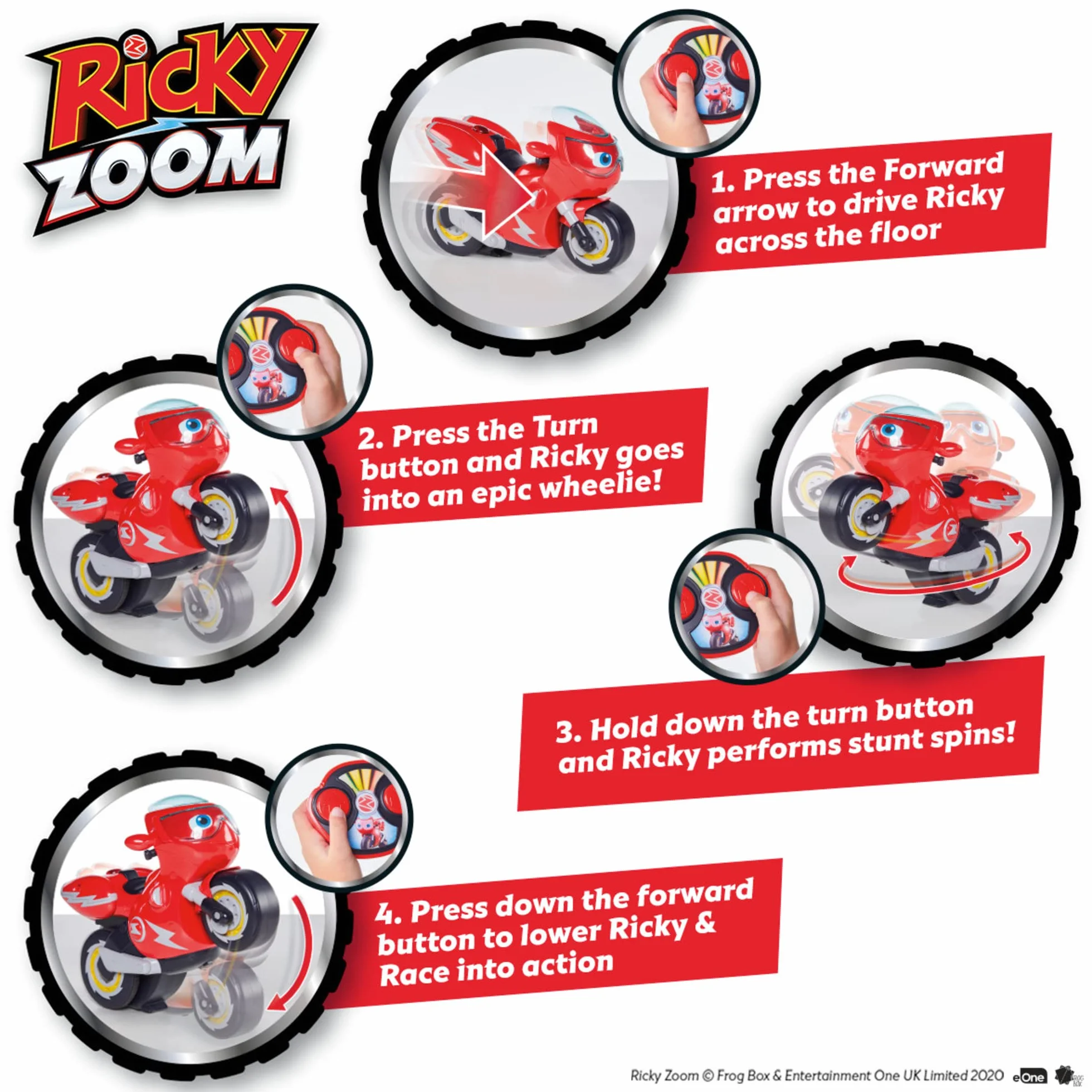 RC Turbo Trick Ricky, la moto acrobatica con telecomando fa ruote e sbalorditivi a 360 gradi, Ricky Zoom offre avventure perfette per i bambini in età prescolare e gli appassionati della serie!