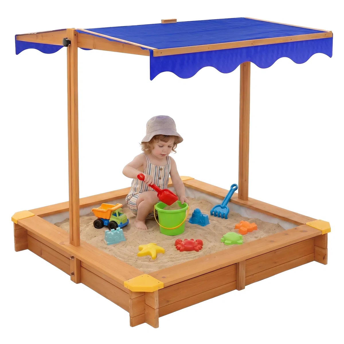 ML-Design Sabbiera con Tetto Regolabile 118x118 cm, in Legno Massello, Sandbox per Bambini con Copertura, Tessuto Base e Bordi Rinforzati, Protezione UV 50, Sabbionaia da Giardino, Gioco da Esterno