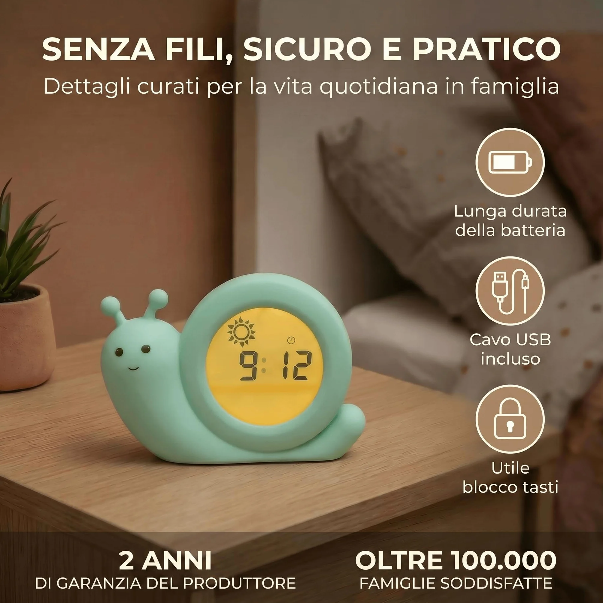 Alecto Baby BC110GN SIMON - Addestratore del sonno, luce notturna e sveglia, lumaca, verde menta
