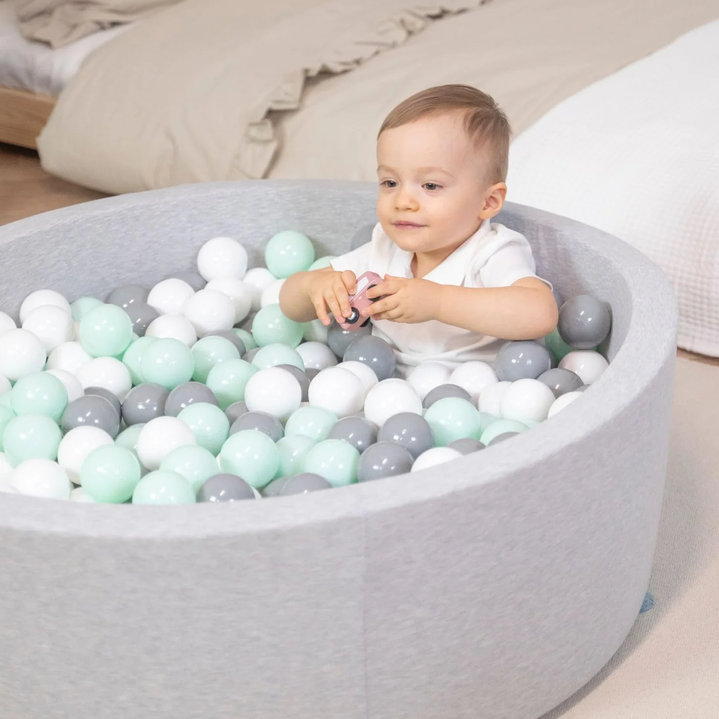 SELONIS Piscina Soffice per Bambini 90X30cm/200 Palline Rotonda, Grigio Ch:Bianco/Rosa