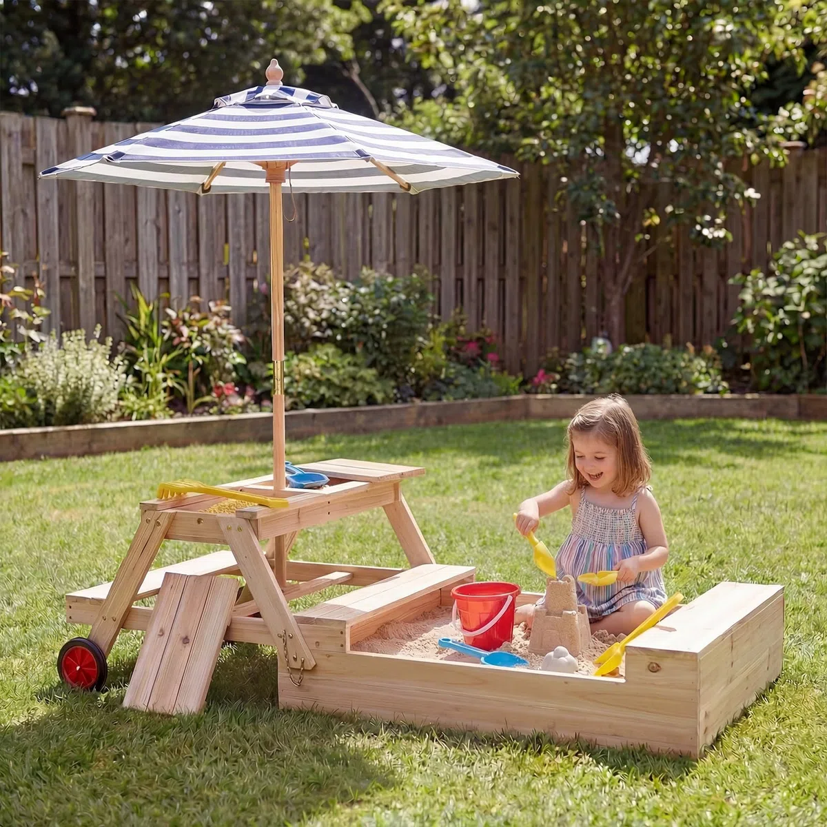 COSTWAY 3 in 1 Sabbiera in Legno, Tavolo da Picnic per Bambini Trasformabile con Panche, Ombrellone Rimovibile e Ruote, Set da Gioco per Bambini 3-5 Anni, per Esterno e Giardino