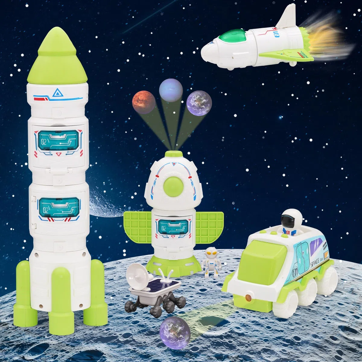 Razzo Spaziale Giocattolo per Bambini, Space Shuttle Giocattolo con e Astronauta, Adatto a Bambini di 3, 4, 5, 6, 7, 8 Anni, Stimola Fantasia e Esplorazione Spaziale (Verde)
