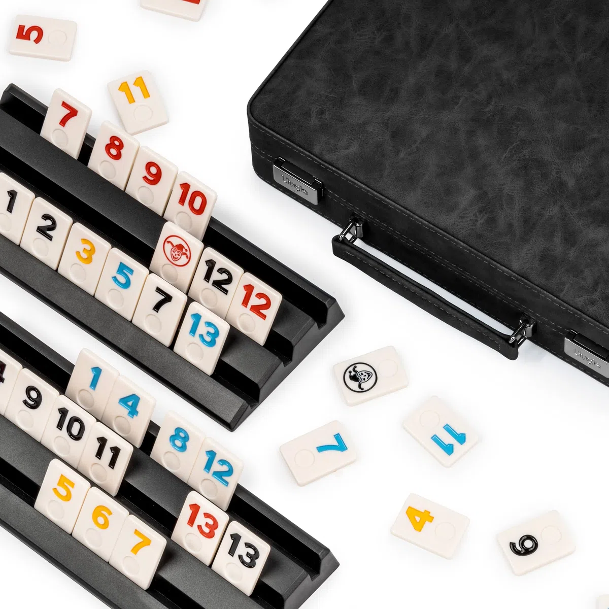 Rummy Game Set, 2-4 players with 106 tiles and 4 rack, Rummy Travel Game Set with Faux Leather Case, Fun Family Classic Board Games (Black)