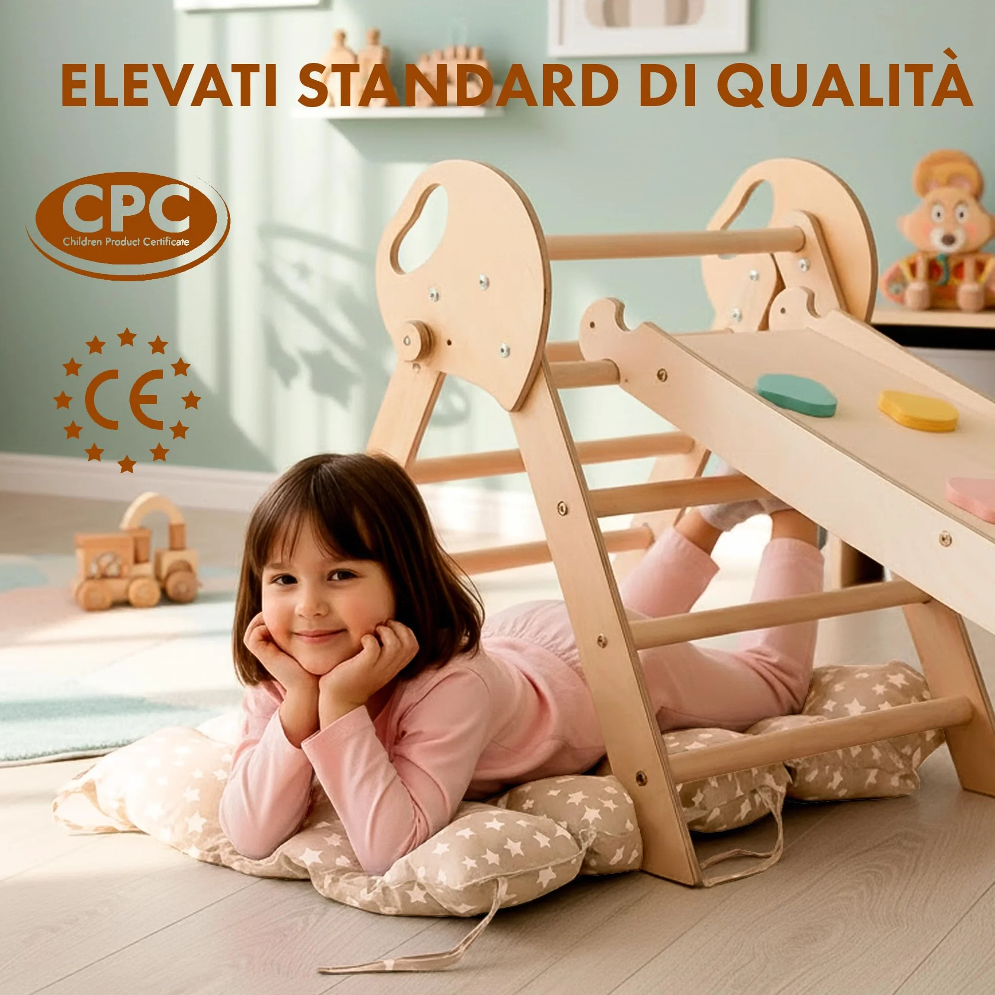 Goodevas 5-in-1 Telaio da Arrampicata per Bambini - Scala a Triangolo, Arco per Arrampicata, Balance Board e Cuscino, Telaio da Arrampicata Montessori, Palestra in Legno per Bambini da 1 a 3 Anni