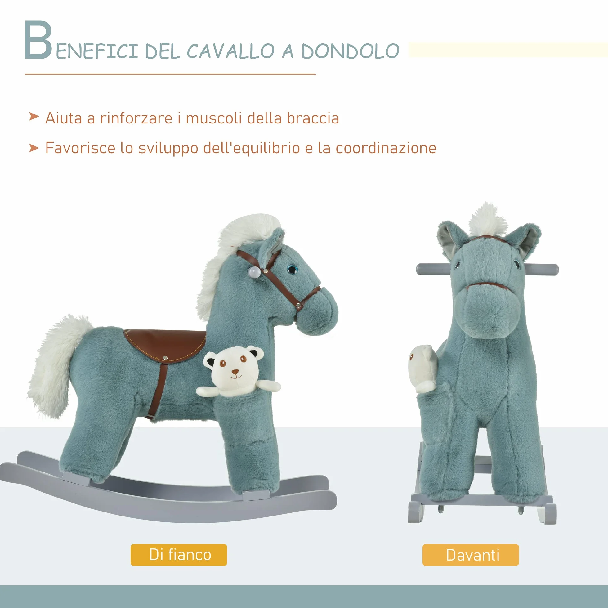 HOMCOM Cavallo a Dondolo per Bambini in Peluche e Legno con Suoni e Orsetto Incluso, per Bimbi da 18-36 Mesi, 65x26x55cm, Blu