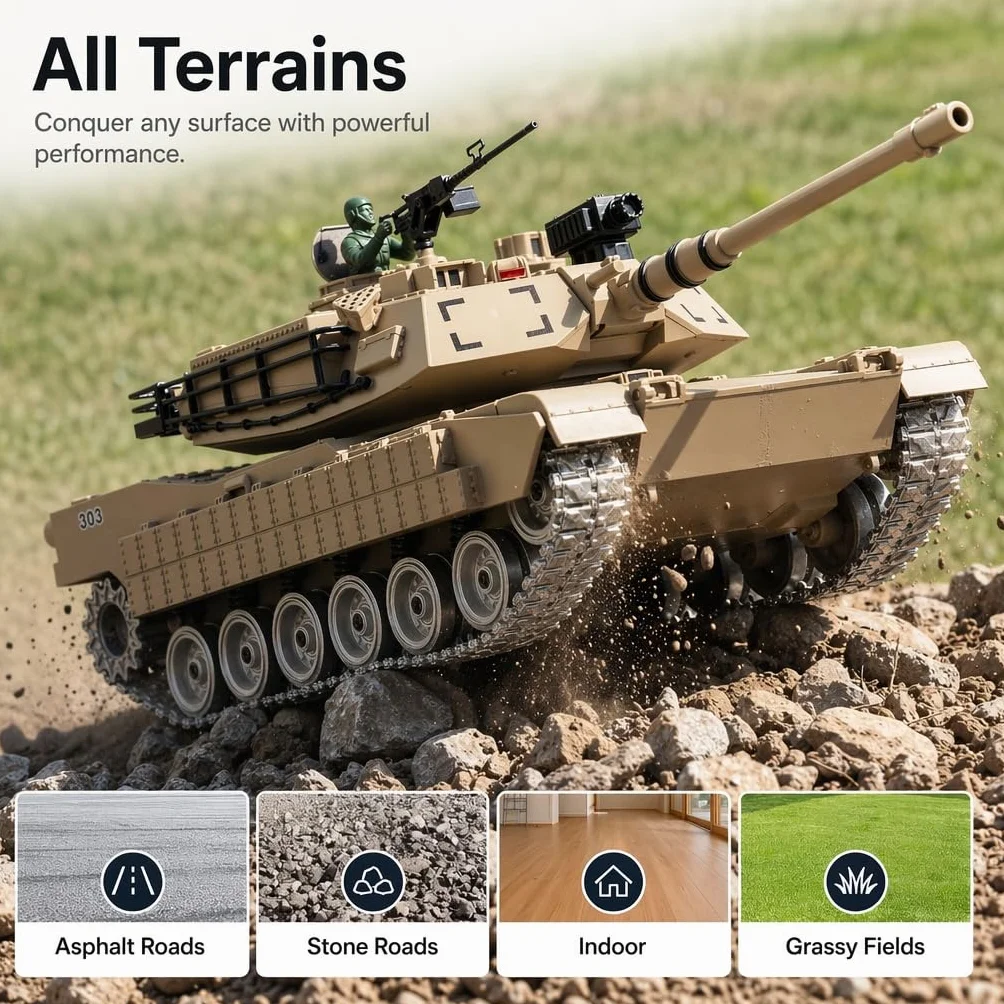 Carro Armato Telecomandato M1A2 1:18 – Cingoli Fumo Suono Luci Tiro Acqua 2.4GHz | Tank RC Giocattolo Militare Regalo Bambino 8 Anni | Kit Completo