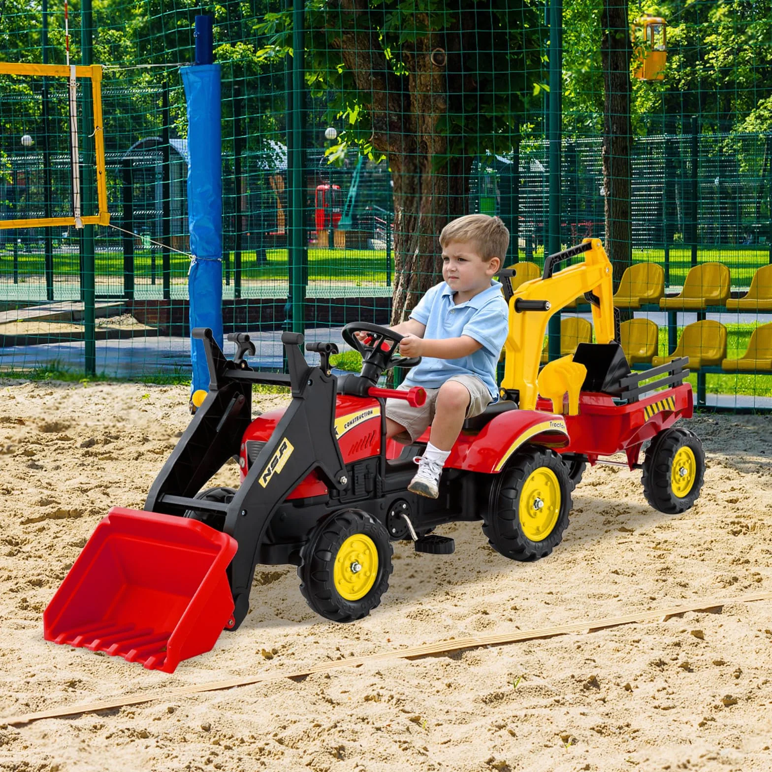 COSTWAY 3 in 1 Escavatore per Bambini, Trattore con Rimorchio Staccabile Cavalcabile, 6 Ruote, 2 Benne, Rosso