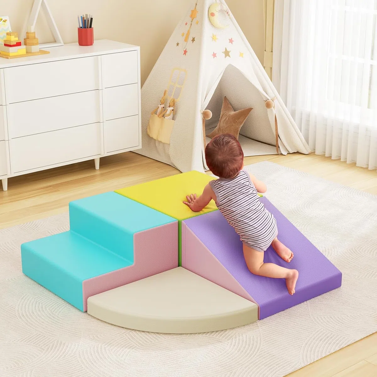 Blocchi da arrampicata bianchi per bambini, rivestimento in PU antigraffio, facile da pulire, chiusura con cerniera nascosta, schiuma ad alta elasticità