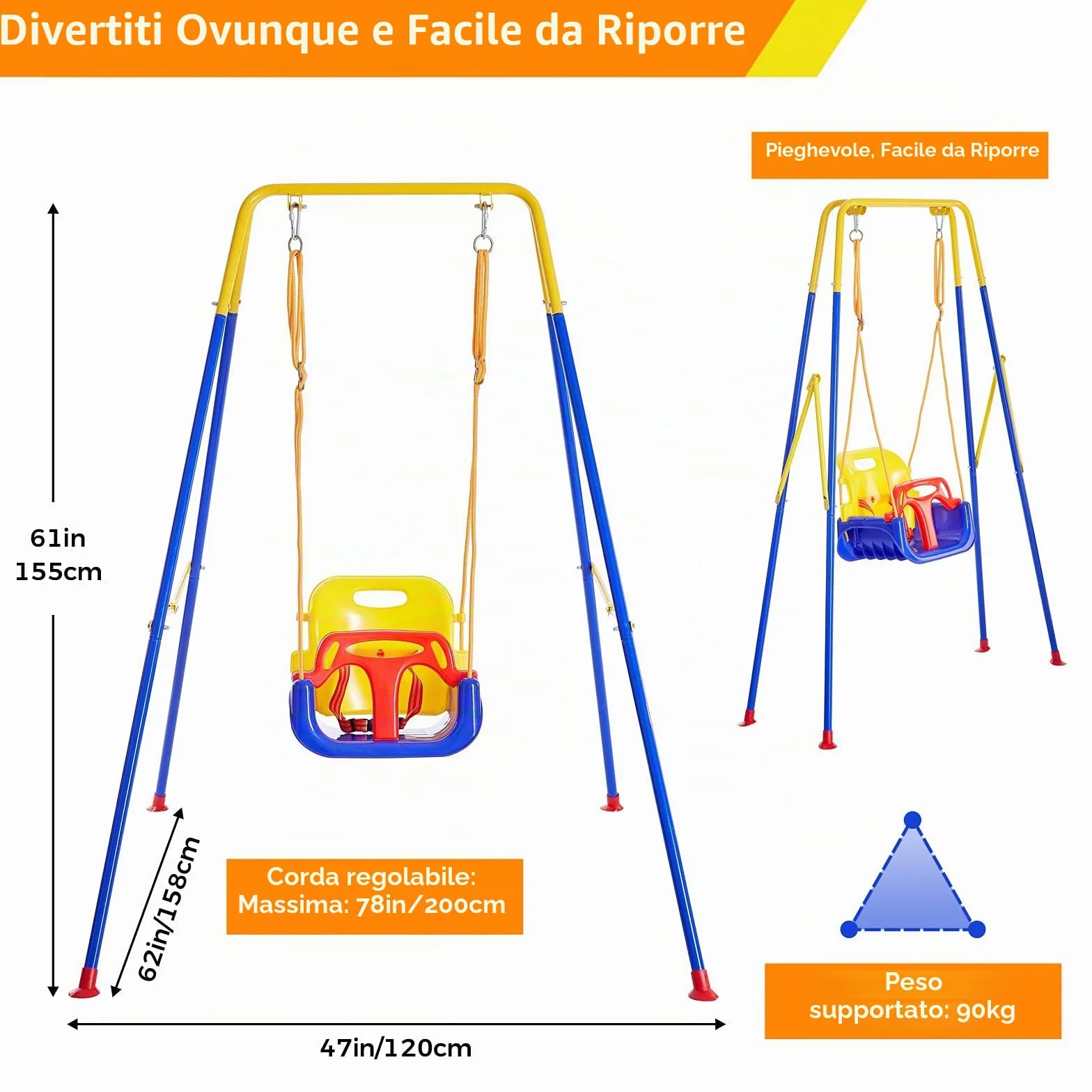 FUNLIO 3-in-1 Altalena per Bambini & 4 Sacchi di Sabbia, Resistente per Cortile, Altalena per Bambini Indoor/Outdoor, Supporto in Metallo Pieghevole e Istruzioni Chiare, Facile da Montare e Conservare