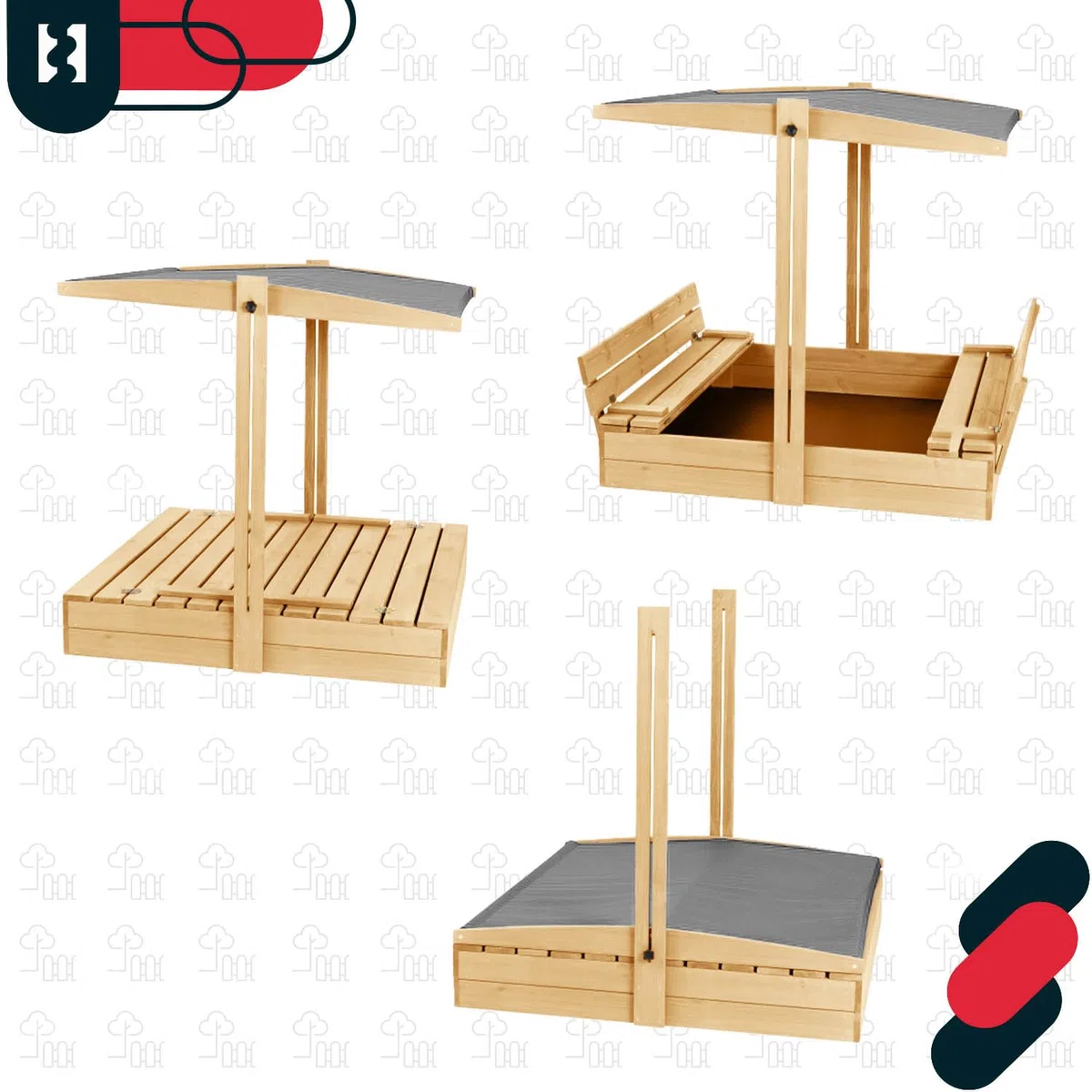 KOTARBAU® Sabbiera per Bambini - Legno di Pino - 140 x 140 cm - Naturale - Sabbiera con Coperchio - con Tetto Grigio e Sedute - da Esterno Giardino - Protezione Sole Pioggia