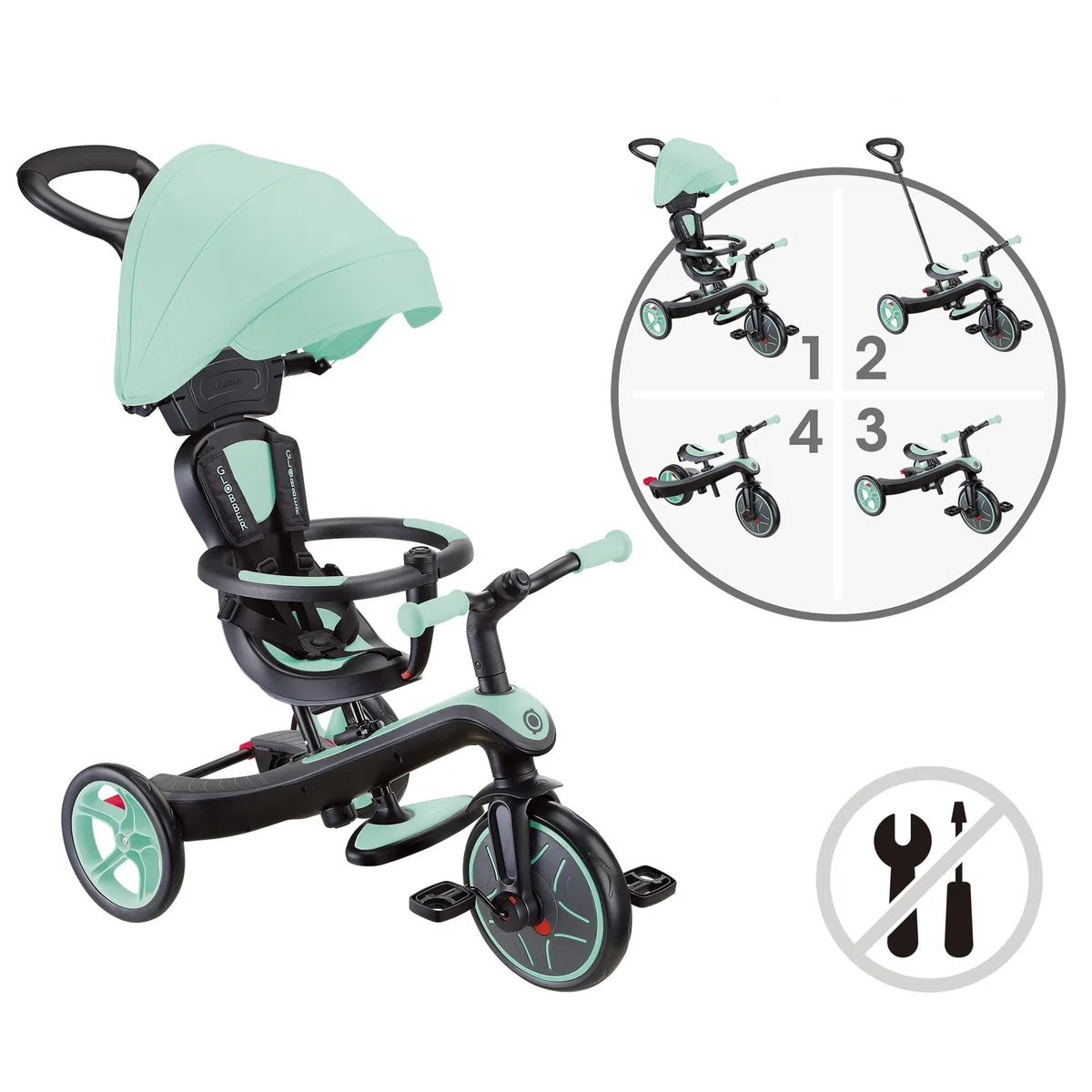 Globber - Triciclo Explorer 4 in 1 - Triciclo evolutivo e draisiano per bambini dai 10 mesi ai 5 anni, verde menta