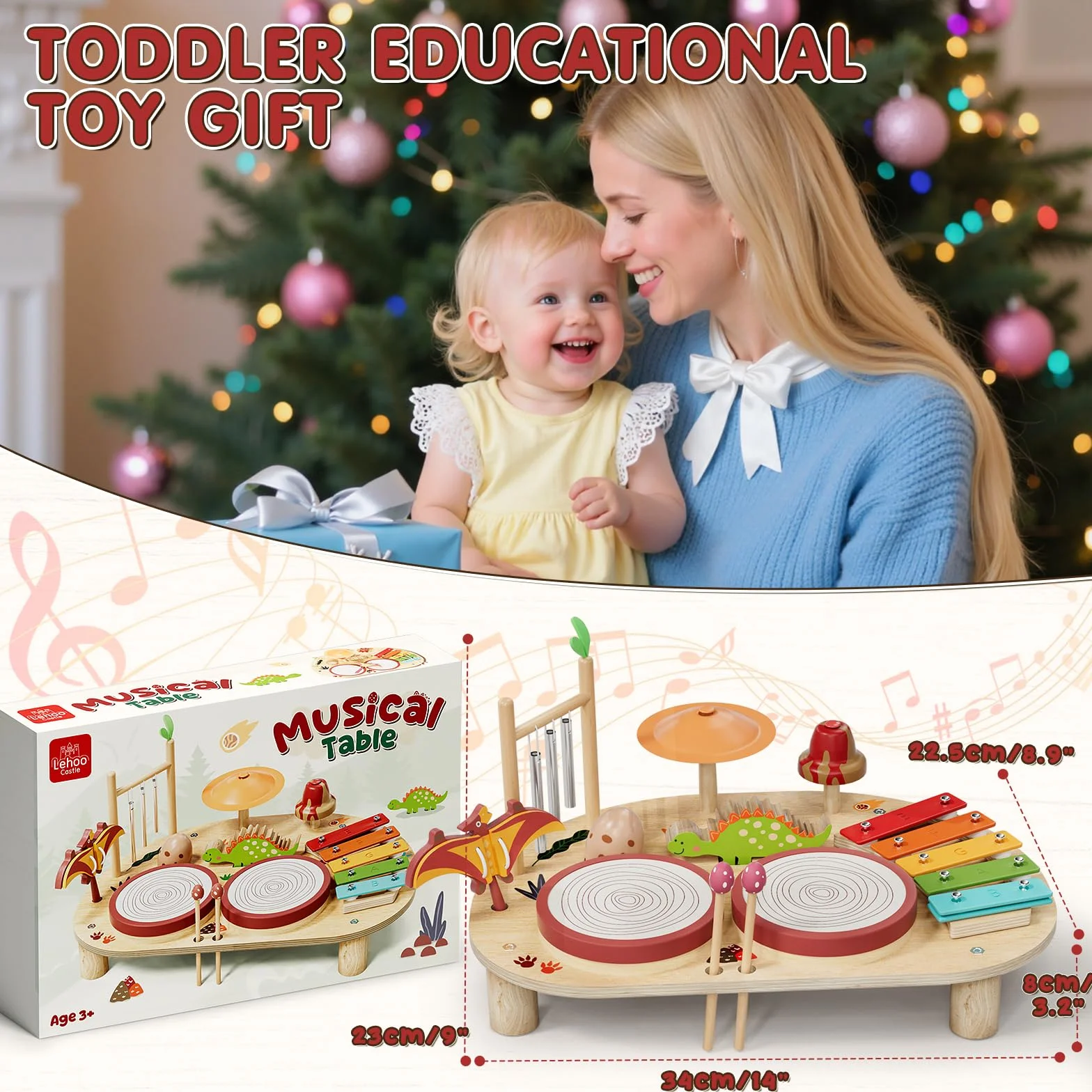 Lehoo Castle 9 in 1 Giochi Legno Montessori Strumenti Musicali, 9 in 1 Bambini Tamburi Set con Xilofono Batteria, Gioco 2 3 4 Anni, Educativi Interattivo Regalo