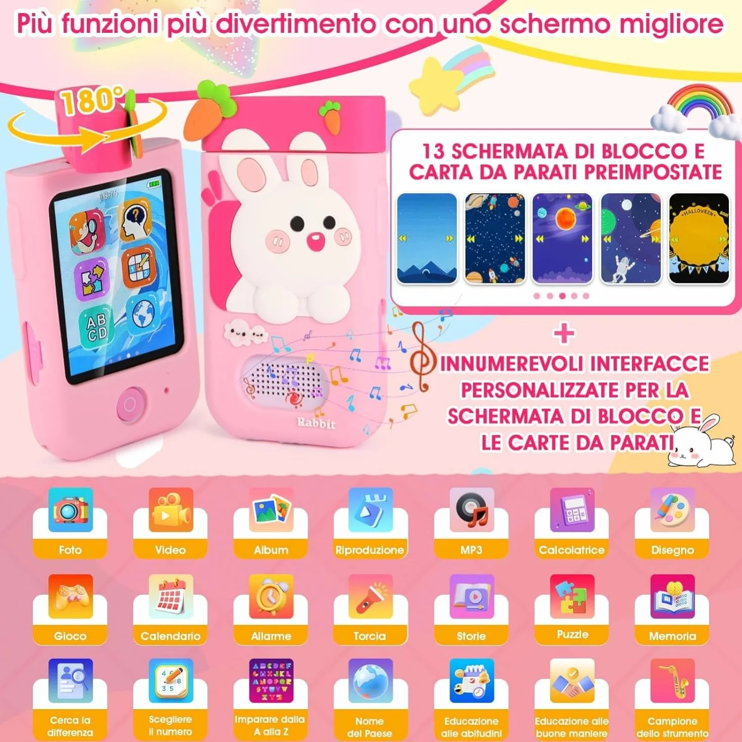 ARNSSIEN Macchina Fotografica Bambini, 180° Obiettivo,Video 1080P con Custodia Silicone, fotocamera per bambini per 3 4 5 6 7 8 anni, ragazze, ragazzi, regalo di Natale e compleanno per bambini, A200