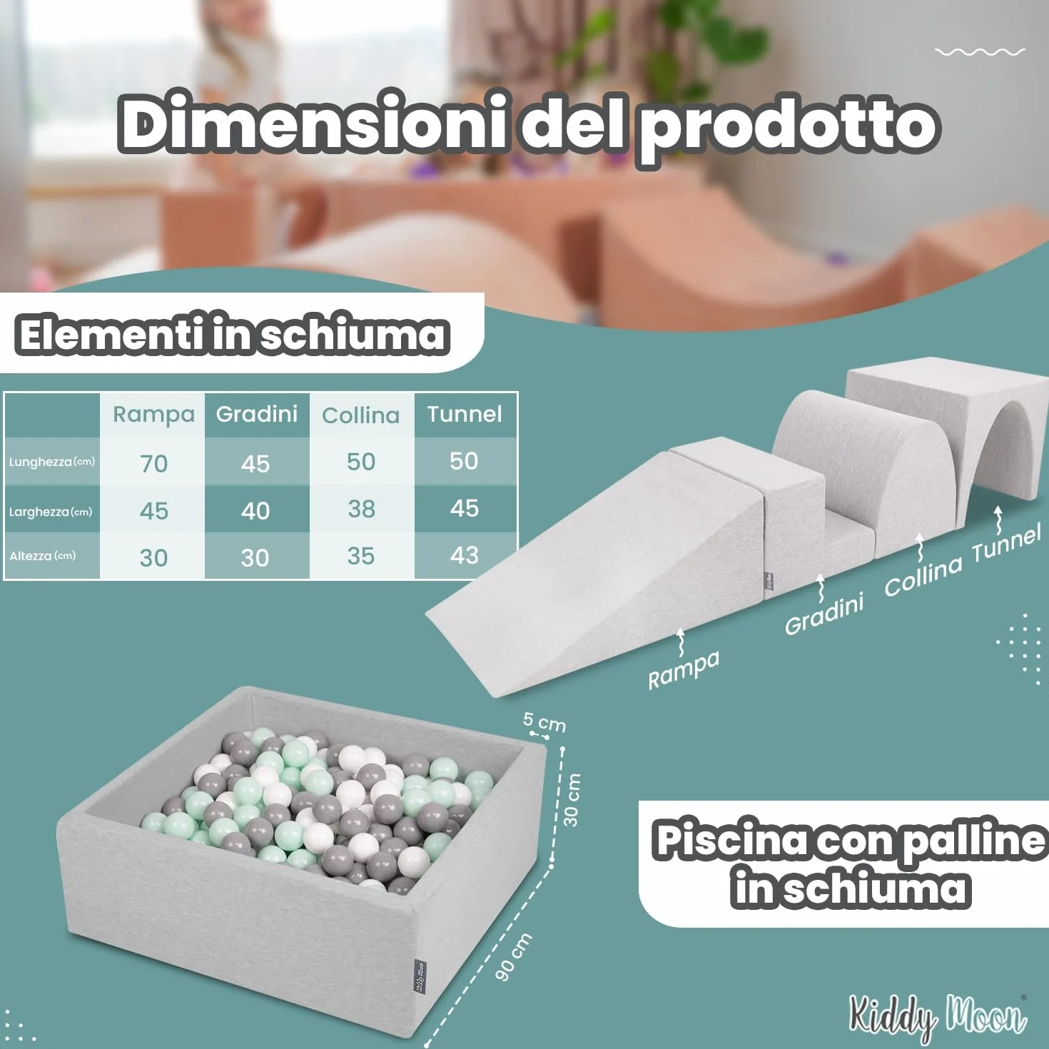 KiddyMoon Area di Gioco in Schiuma con Quadrato Piscina di Palline (200 Palline) per Bambini, Rosa:Rosa Chiaro/Perla/Trasparente