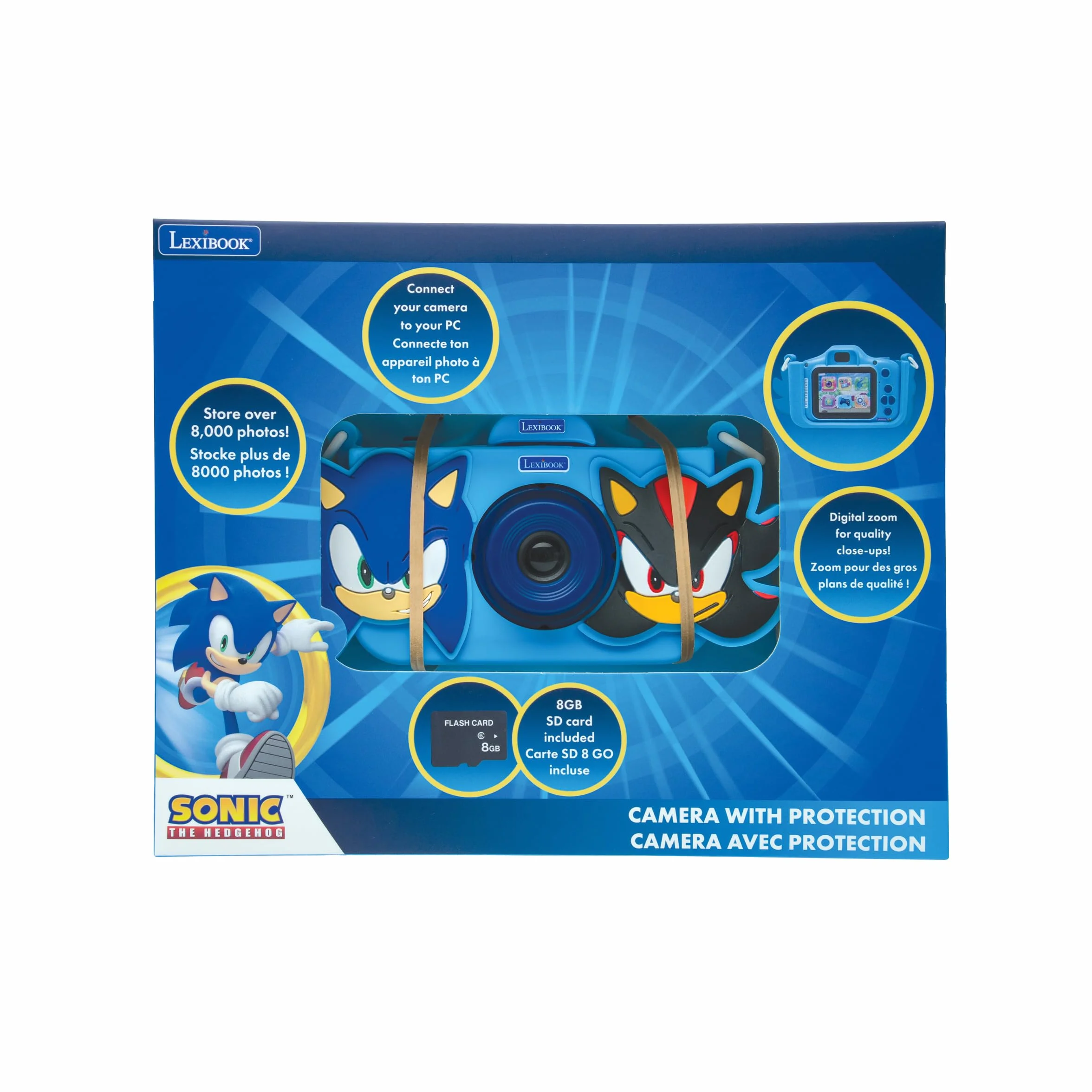 Lexibook, Sonic The Hedgehog, Fotocamera 4-in-1 per Bambini con Protezione, Funzioni Foto, Video, MP3 e Giochi, 15 Filtri per Personalizzare Le tue Foto, Scheda di Memoria da 8 GB Inclusa, DJ078SN