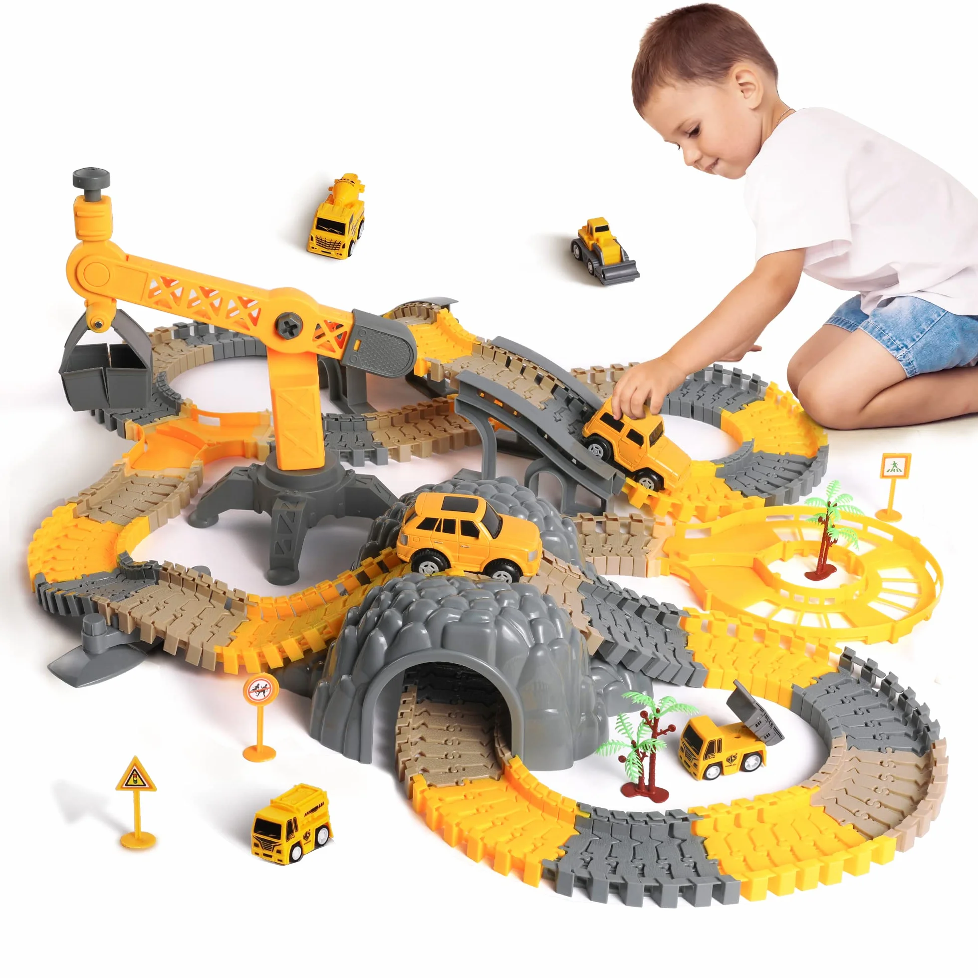 TUMAMA Pista da Corsa Macchinine Elettriche, Trenino Elettrico per Bambini 3 4 5 6 7 8 Anni con 8 Auto, Set di Pista Macchine Treno Moto Giocattolo, Camion Paw Patrol Cars Giochi, Construction Toys