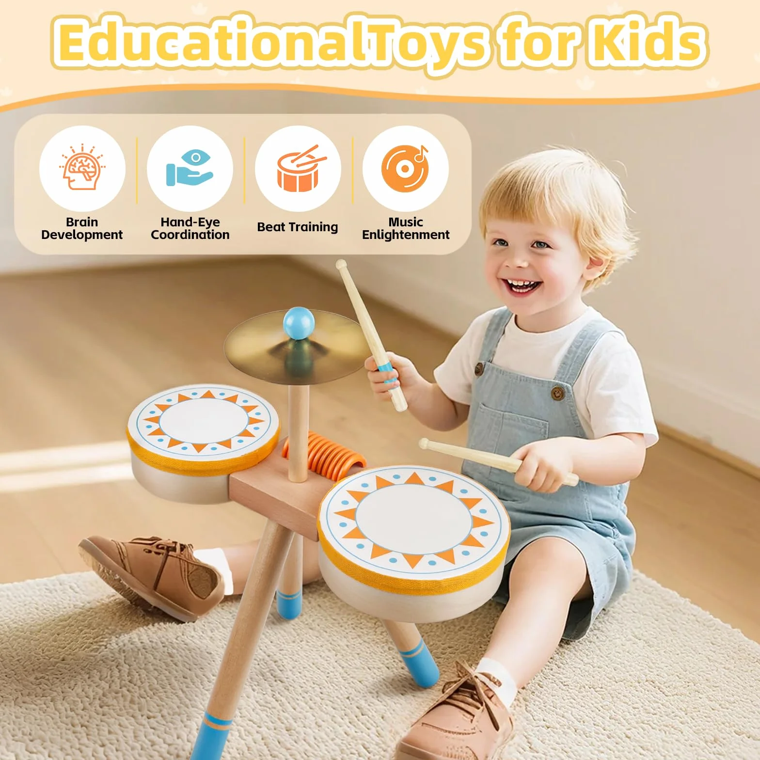 Tamburo Montessori per Bambini 1+ Anno | Set di Tamburi Educativi in Legno per Bambini 1-3 Anni | Strumenti Musicali per Neonati, Regalo Perfetto per Compleanno/Natale per Ragazzi e Ragazze