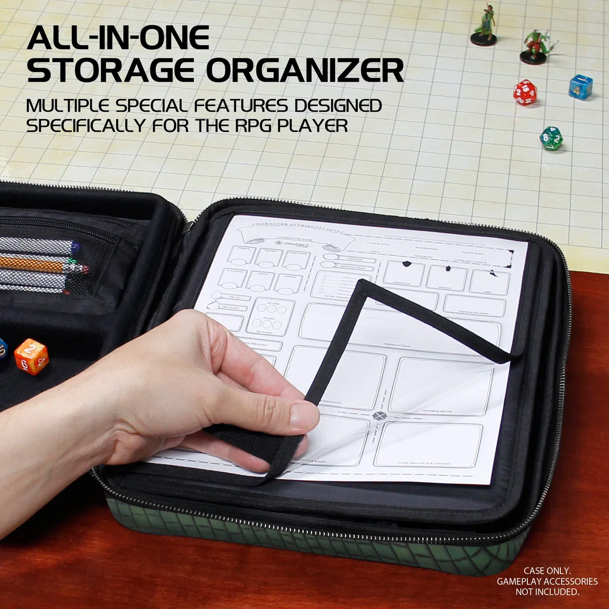ENHANCE Custodia Organizer per Giochi di Ruolo in Edizione da Collezione - Raccoglitore DND con Supporto per Fogli di Personaggi Integrato e Pannello per Scriba Cancellabile (Dragon Verde)