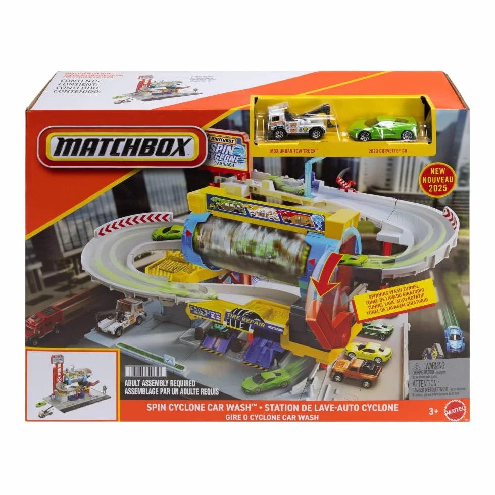 Matchbox - Autolavaggio Cyclone, set con pista, auto da corsa e carro attrezzi inclusi, tunnel di lavaggio rotante, officina meccanica e parcheggio, giocattolo per bambini, 3+ anni, JGB68